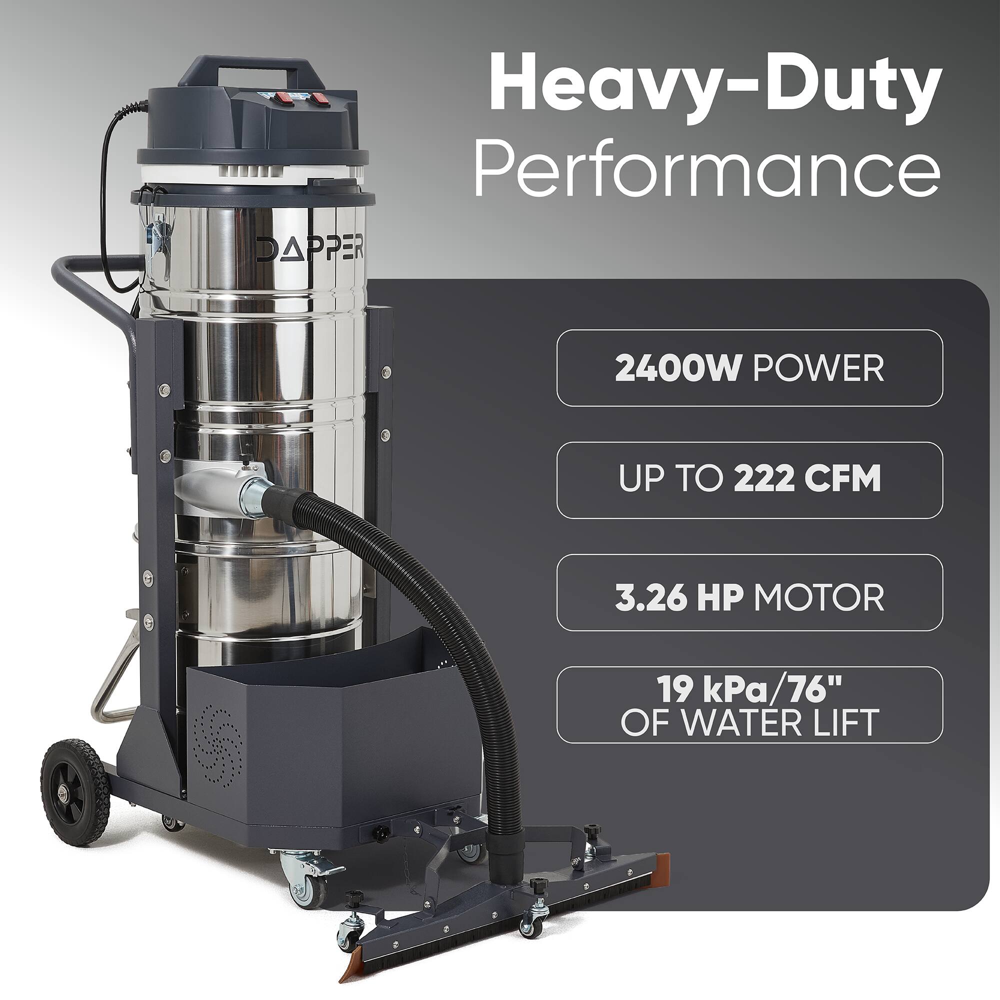 Heavy-Duty Performance  
DAPPER  
2400W POWER  
UP TO 222 CFM  
3.26 HP MOTOR  
19 kPa/76" OF WATER LIFT