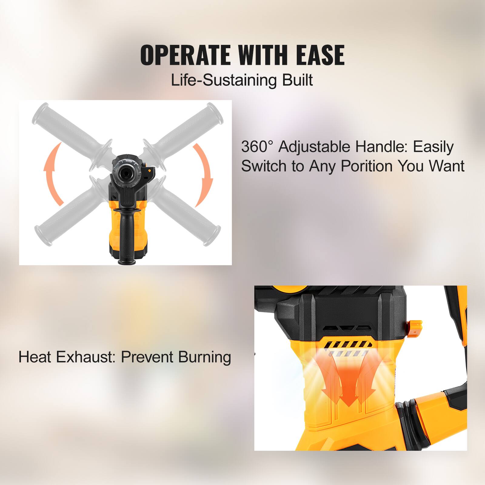 OPERATE WITH EASE  
Life-Sustaining Built  

360° Adjustable Handle: Easily Switch to Any Portion You Want  

Heat Exhaust: Prevent Burning