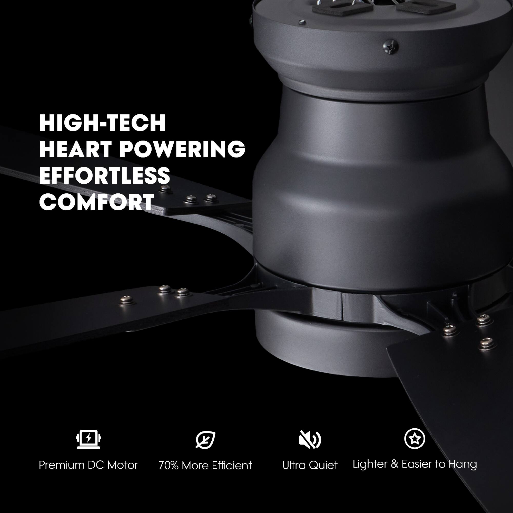 HIGH-TECH HEART POWERING EFFORTLESS COMFORT

Premium DC Motor
70% More Efficient
Ultra Quiet
Lighter & Easier to Hang