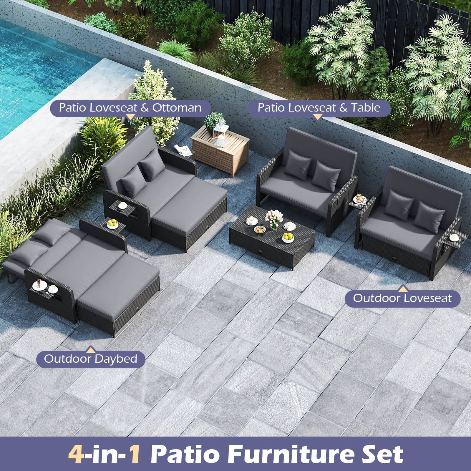 Patio Loveseat & Ottoman  
Patio Loveseat & Table  
Outdoor Daybed  
Outdoor Loveseat  

4-in-1 Patio Furniture Set