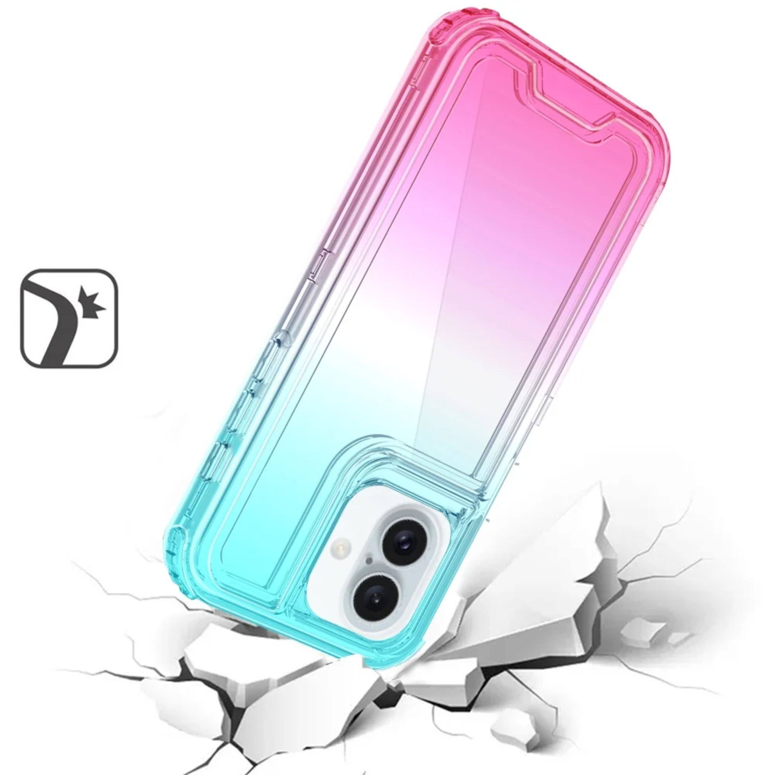 Left. Kitcheniva - Two-Tone 3-in-1 Shockproof Case With Tempered Glass For iPhone 16 Light Blue & Pink - Light Blue And Clear.