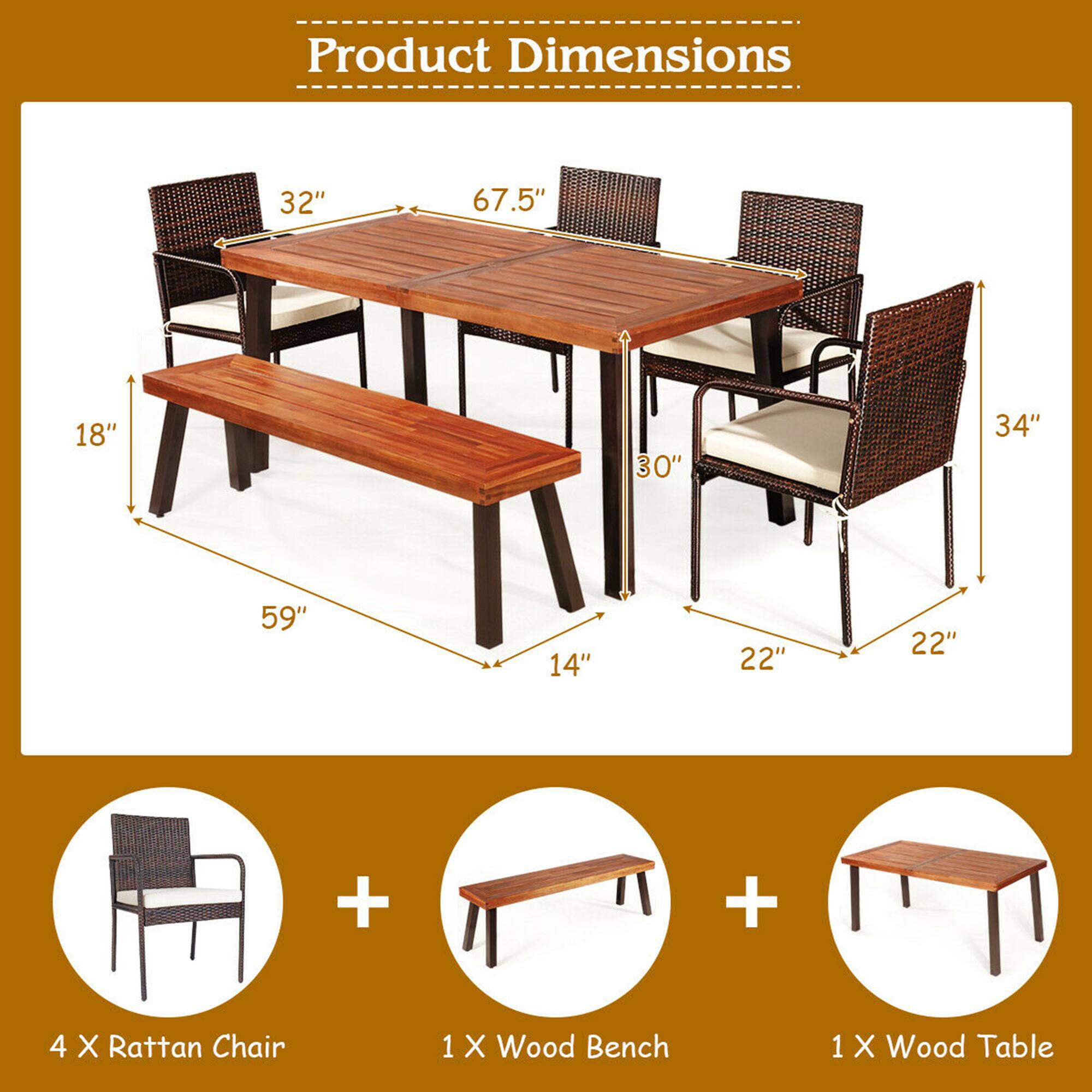 Product Dimensions:  
32" x 67.5" x 18" x 30" x 34" x 59" x 14" x 22" x 22"  

4 X Rattan Chair  
1 X Wood Bench  
1 X Wood Table