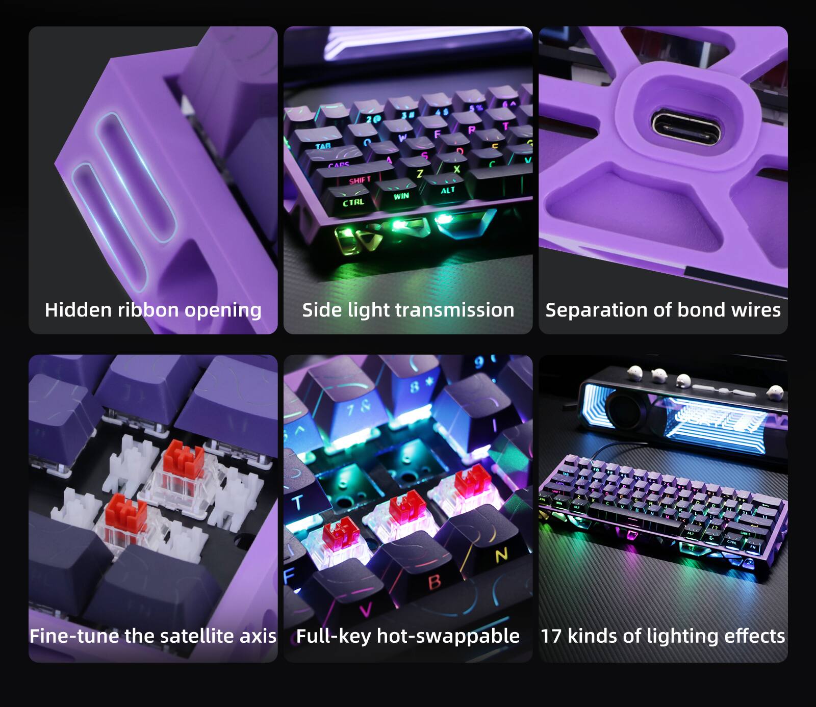 20. W TAR C 5 A CAPS Z SHF 1 WIN CTRL 5% P F C D C x ALT A T G V

Hidden ribbon opening  
Side light transmission  
Separation of bond wires  

Fine-tune the satellite axis  
Full-key hot-swappable  
17 kinds of lighting effects