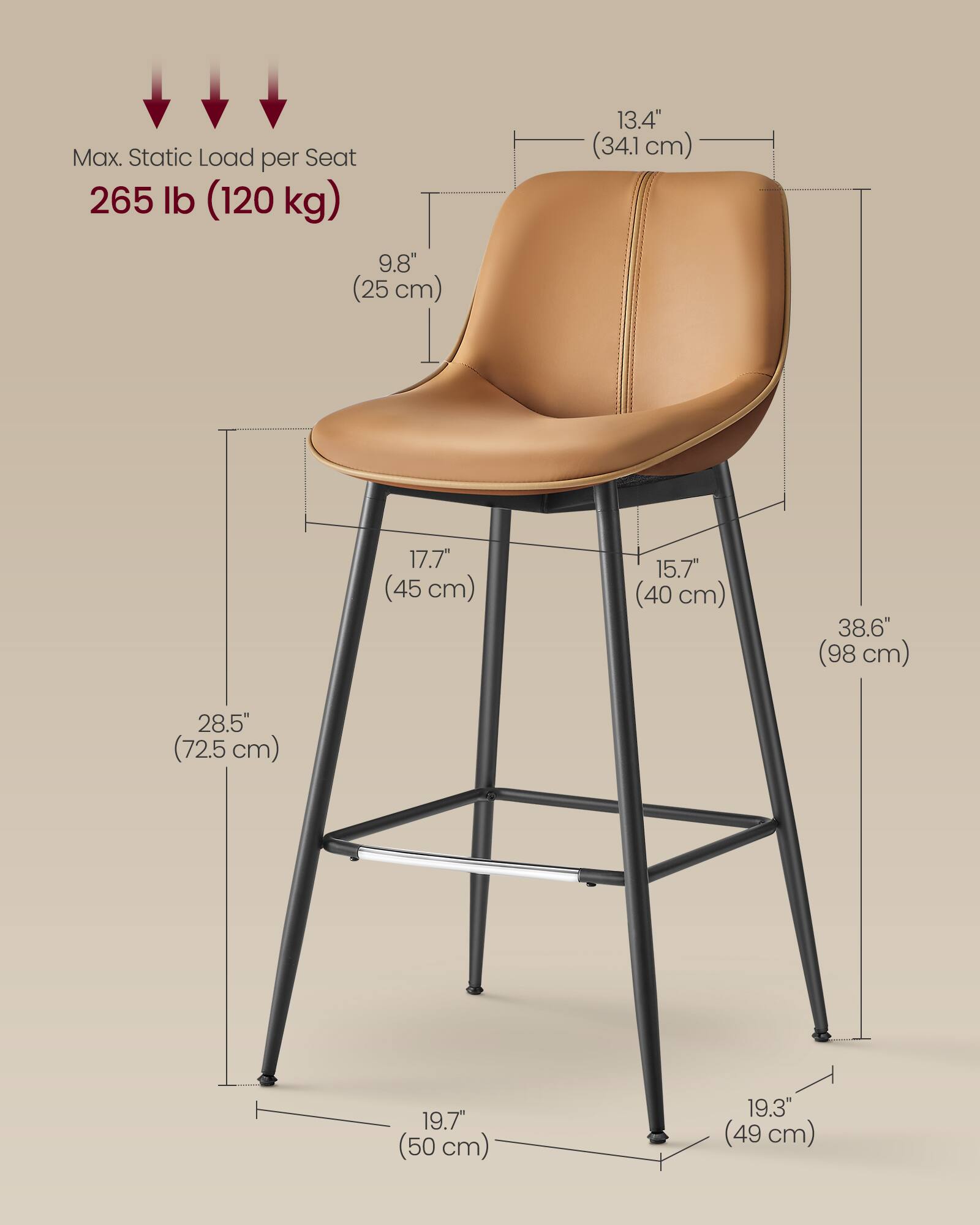 Max. Static Load per Seat: 265 lb (120 kg)

- 9.8" (25 cm)
- 13.4" (34.1 cm)
- 17.7" (45 cm)
- 15.7" (40 cm)
- 28.5" (72.5 cm)
- 38.6" (98 cm)
- 19.7" (50 cm)
- 19.3" (49 cm)