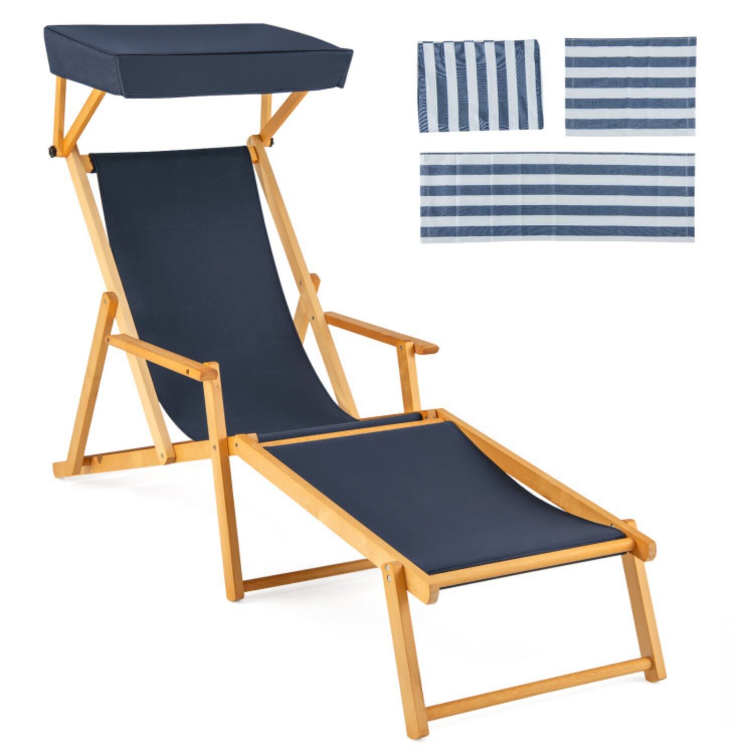 Alt View 5. Mondawe - Birch Wood Chaise Lounge Chair w/ Adjustable Canopy & 4-Position Backrest Foldable Beach - Navy+Natural.