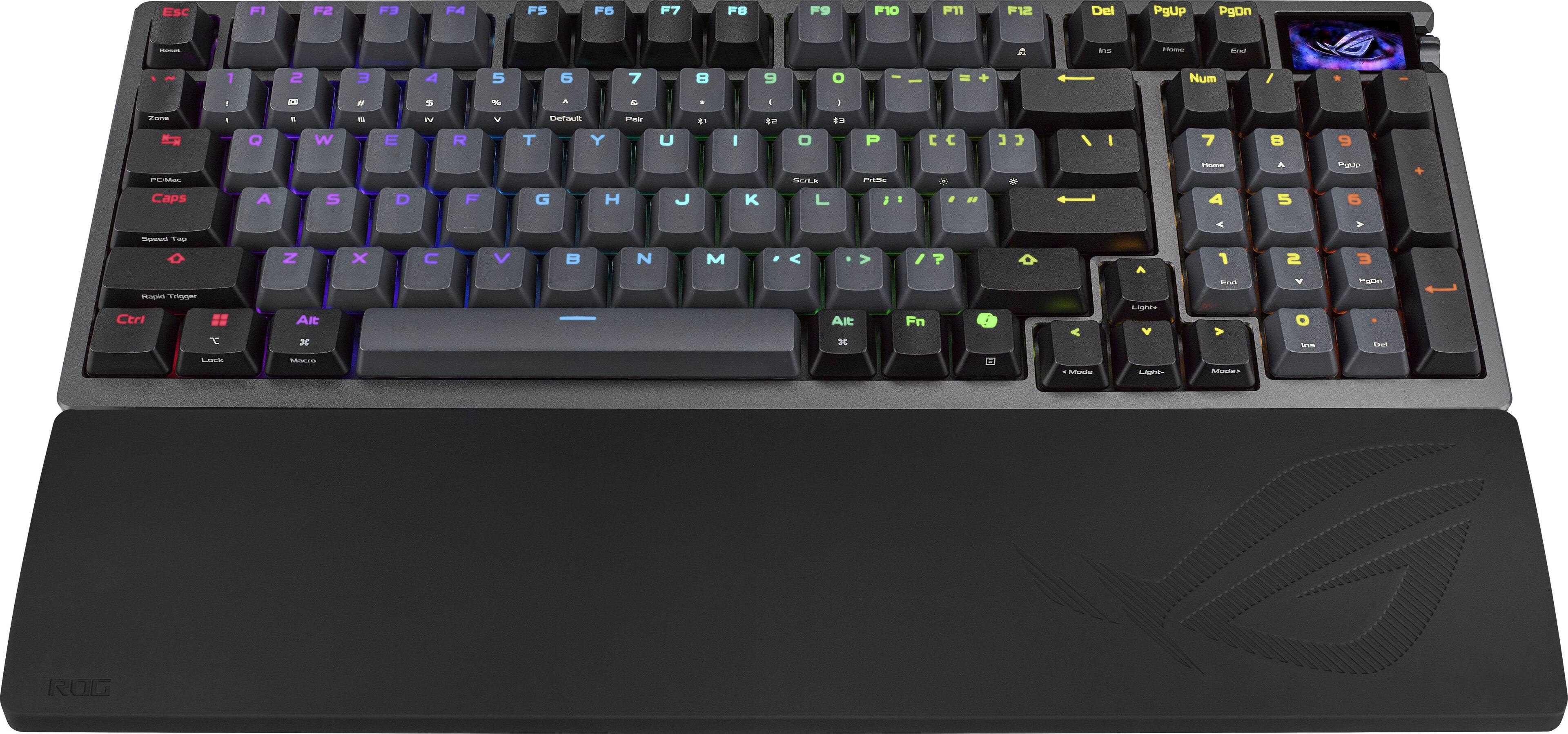 Sure, here is the corrected and grouped text from the image:

**Top Row:**
- Esc F1 F2 F3 F4 F5 F6 F7 F8 F9 F10 F11 F12 Del PgUp PgDn

**Number Row:**
- 1 2 3 4 5 6 7 8 9 0 - = Backspace

**QWERTY Row:**
- Q W E R T Y U I O P [ ] \

**A Row:**
- A S D F G H J K L ; ' Enter

**Z Row:**
- Z X C V B N M , . / Shift

**Function Row:**
- Caps Lock Shift Fn Ctrl Alt

**Numeric Keypad:**
- Num Lock / * - + 7 8 9 4 5 6 1 2 3 0 . Enter

**Additional Keys:**
- ROG Key
- Microphone Mute
- Windows Key
- Fn Key
- Arrow Keys
- Insert Delete Home End Page Up Page Down

**Bottom Row:**
- ROG (on the wrist rest)