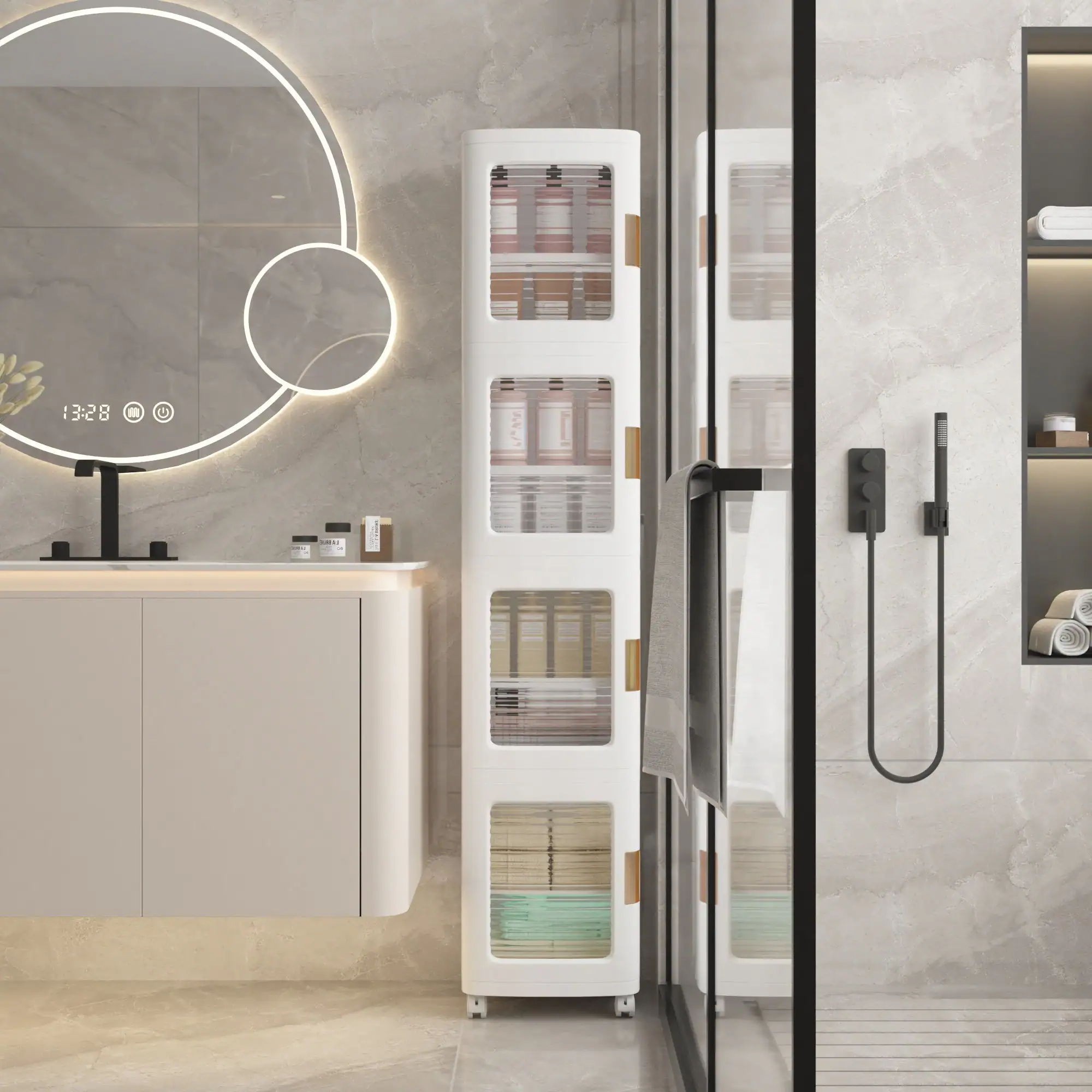 Left. Vecelo - Tall Narrow Plastic Storage Cabinet with Adjustable Shelves, Doors & Wheels, Waterproof & Dustproof Design - Narrow White.