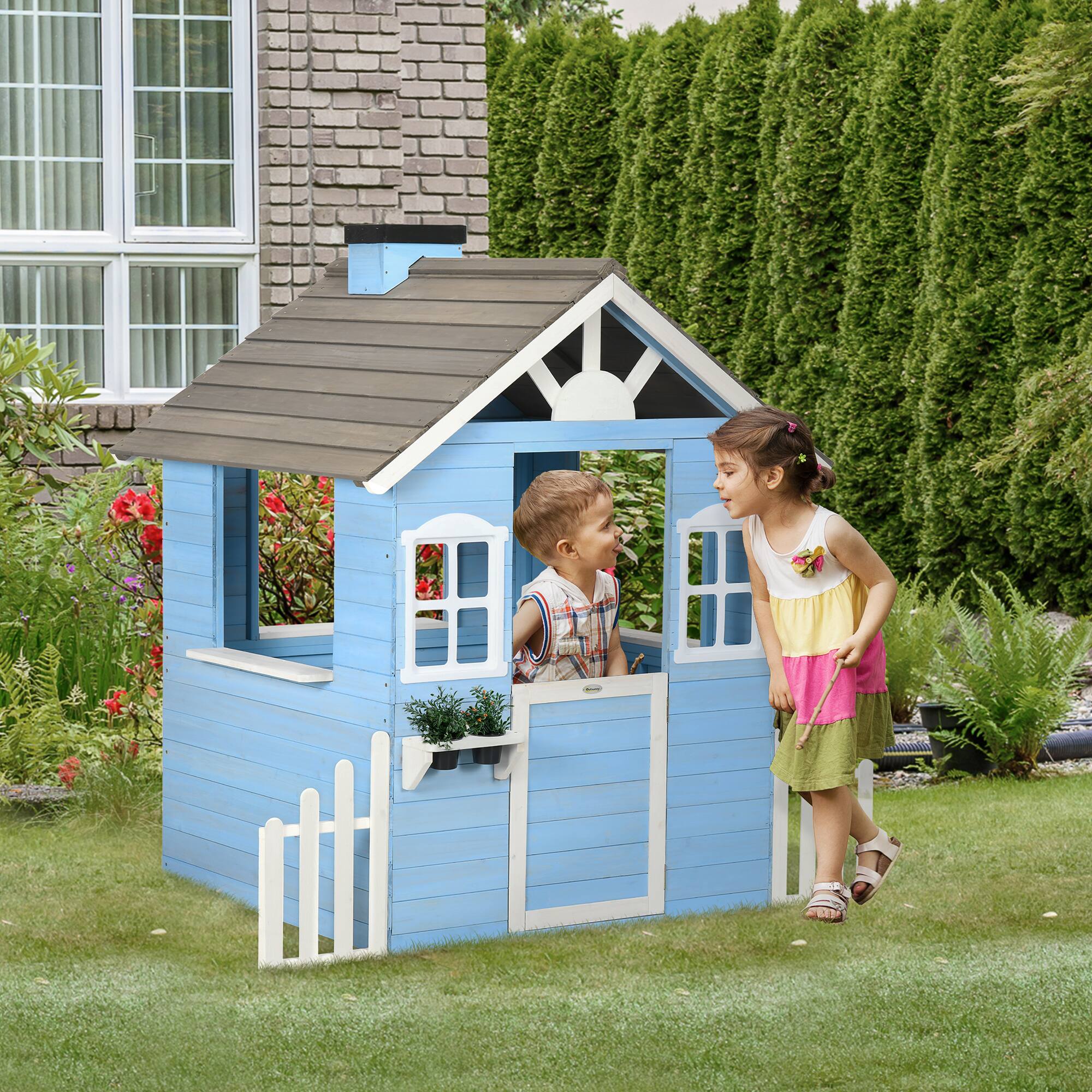 Alt View 1. Outsunny - Playhouse for Kids Outdoor with Flower Pot Holders, Door, Windows.