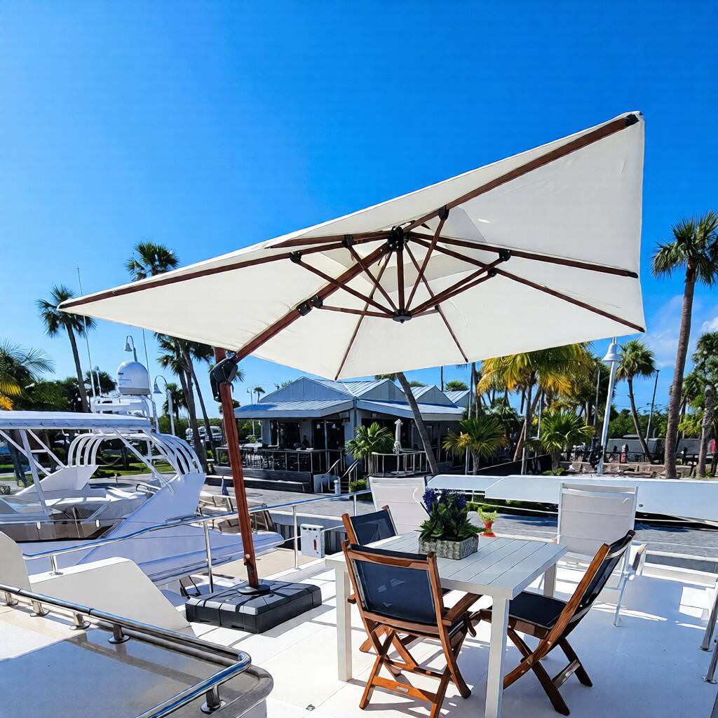 Left. PURPLE LEAF - 10 ft. Patio Square Outdoor Large Cantilever Umbrella Windproof Offset Heavy Duty Sun Umbrella with Base for Garden - Cream.