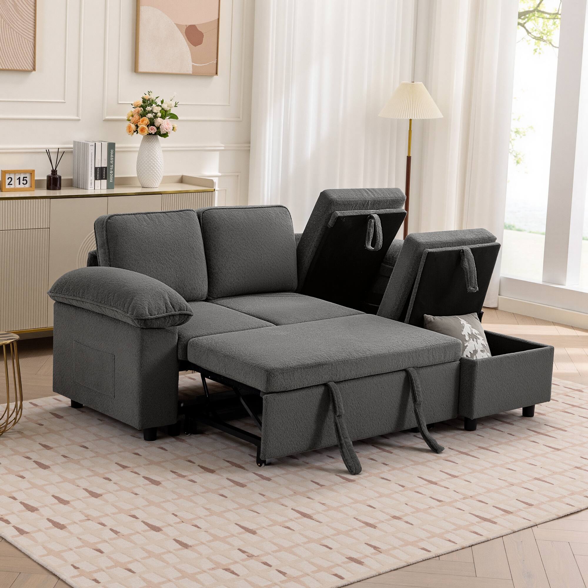 Angle. KERDOM - 4-7 Seat Combined Convertible Sofa Sleeper with Storage Ottoman, Modular Sectional Pull Out Bed Sofa Couch U/L Shape - 4 Seat - Pull Out.