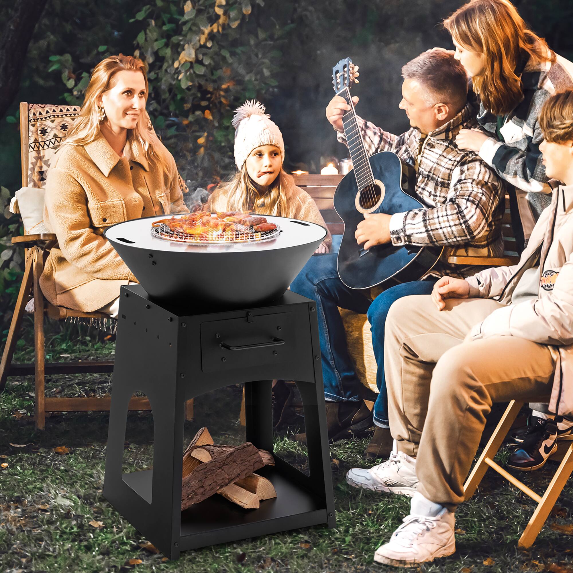 Alt View 3. Gymax - Gymax Patio Fire Pit w/ Firewood Log Rack Outdoor Wood Burning Fireplace w/ Grill & Ash Box - Black.