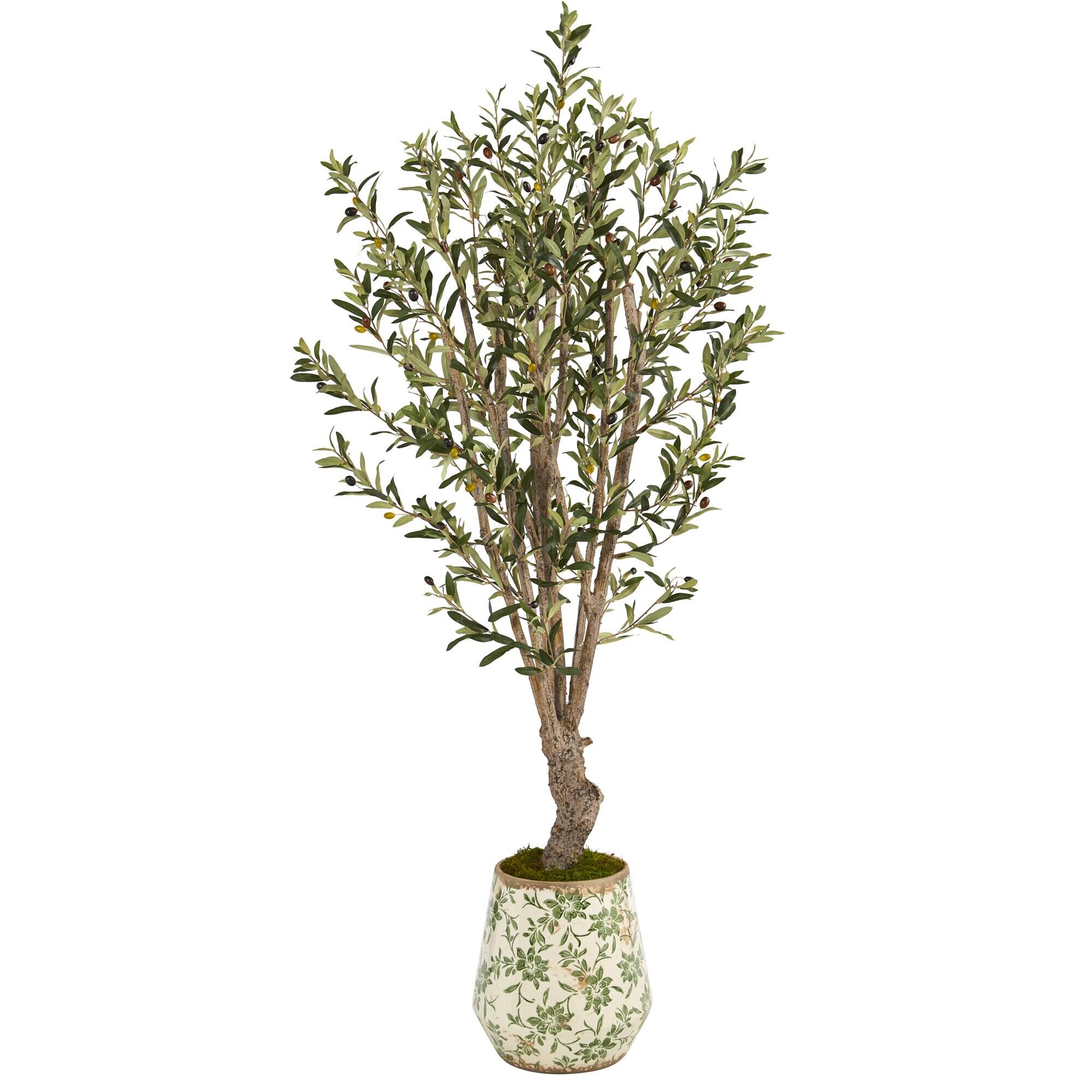 Front. BreeBe - 62" Olive Artificial Tree in Floral Print Planter - Multicolor.