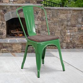 Emma + Oliver - Colorful Metal Stackable Dining Chair with Wood Seat - Green