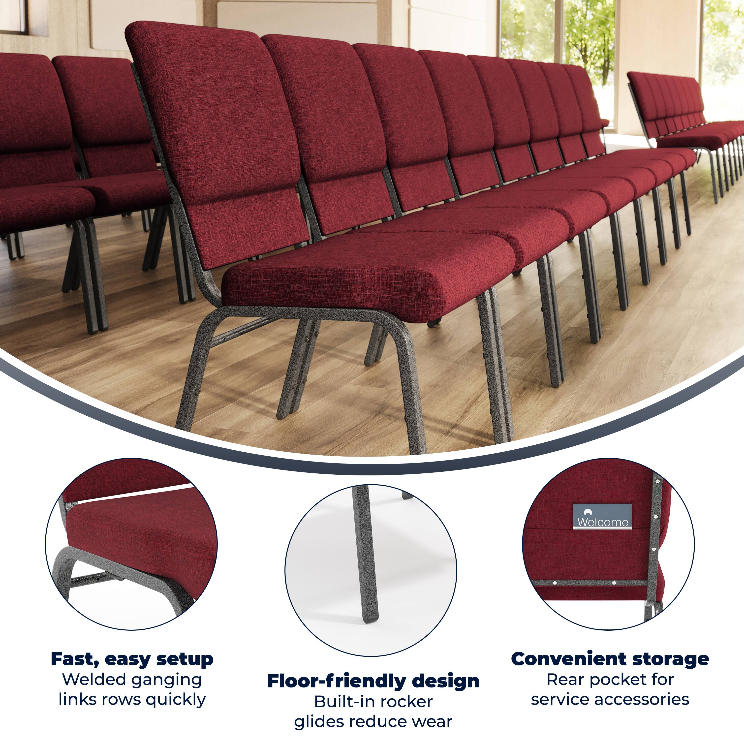Welcome

Fast, easy setup  
Welded ganging links rows quickly

Convenient storage  
Rear pocket for service accessories

Floor-friendly design  
Built-in rocker glides reduce wear