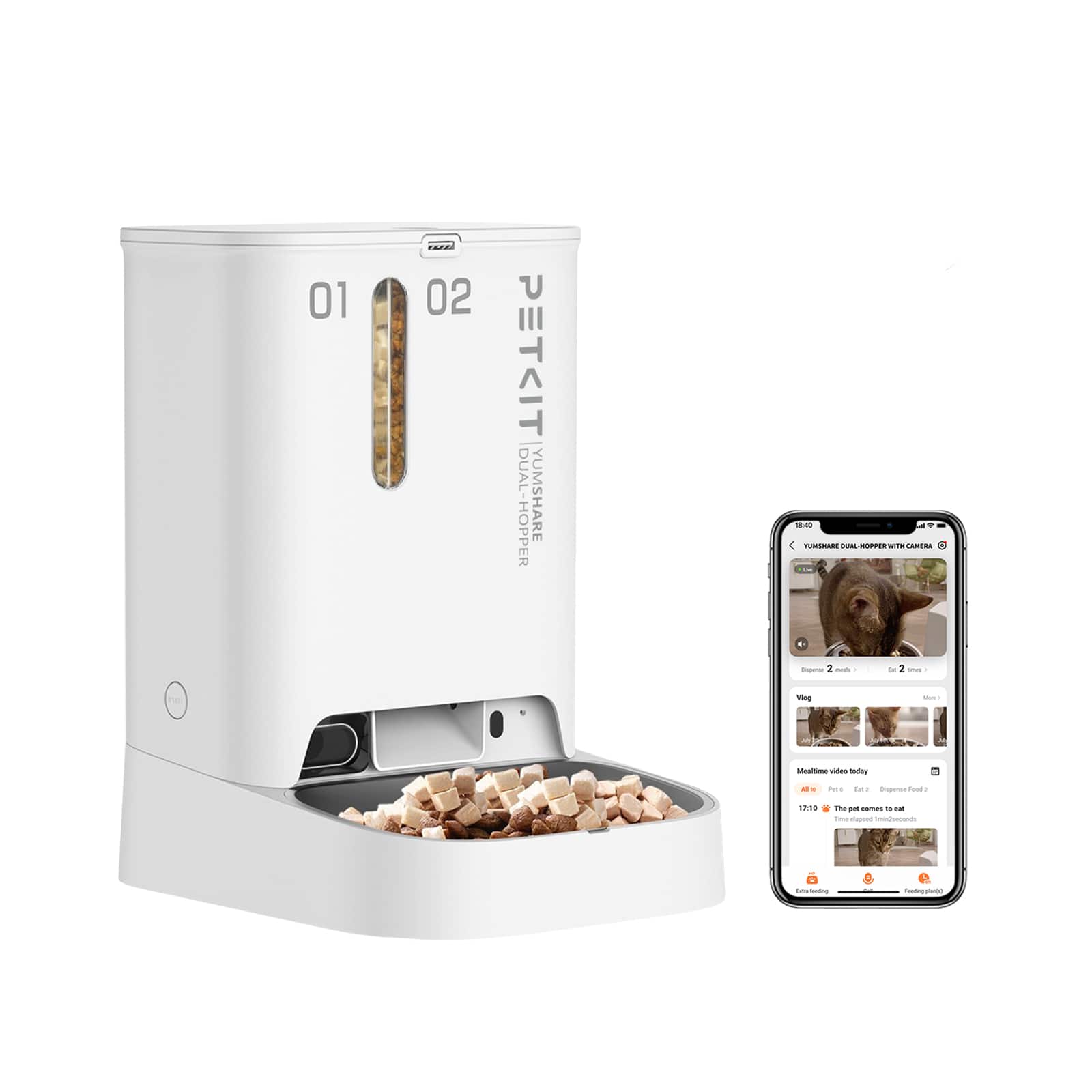 Petkit - Yumshare Dual-Hopper Wifi Enabled 5L Automatic Cat Feeder with Camera, 2-Way Audio and Smart App Control - White - Front_Zoom