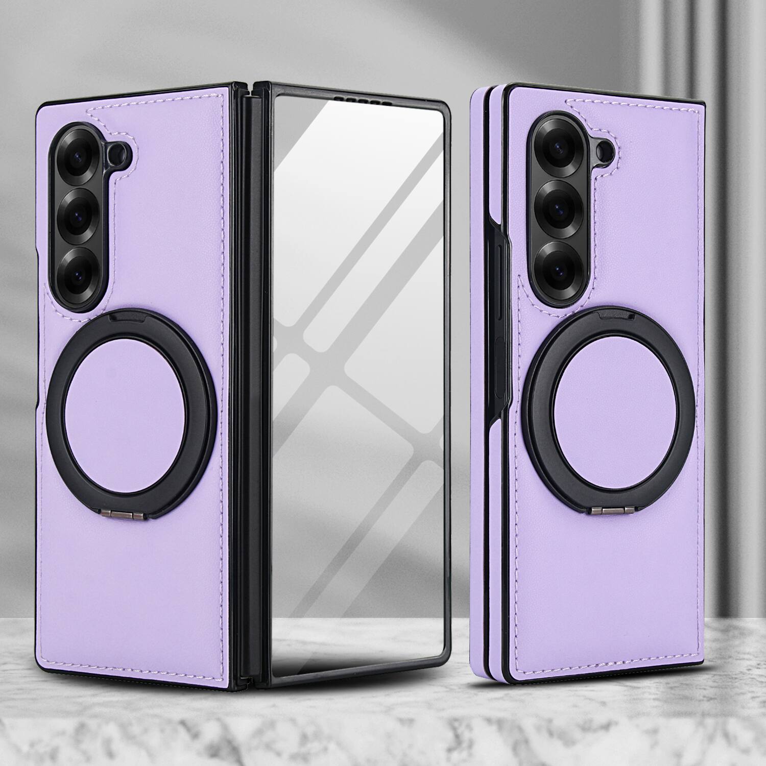 Alt View 3. Dteck - Magnetic Case for Samsung Galaxy Z Fold6 with Ring Kickstand,Built-in Screen Protector,Faux Leather Shockproof Cover - Lightpurple.