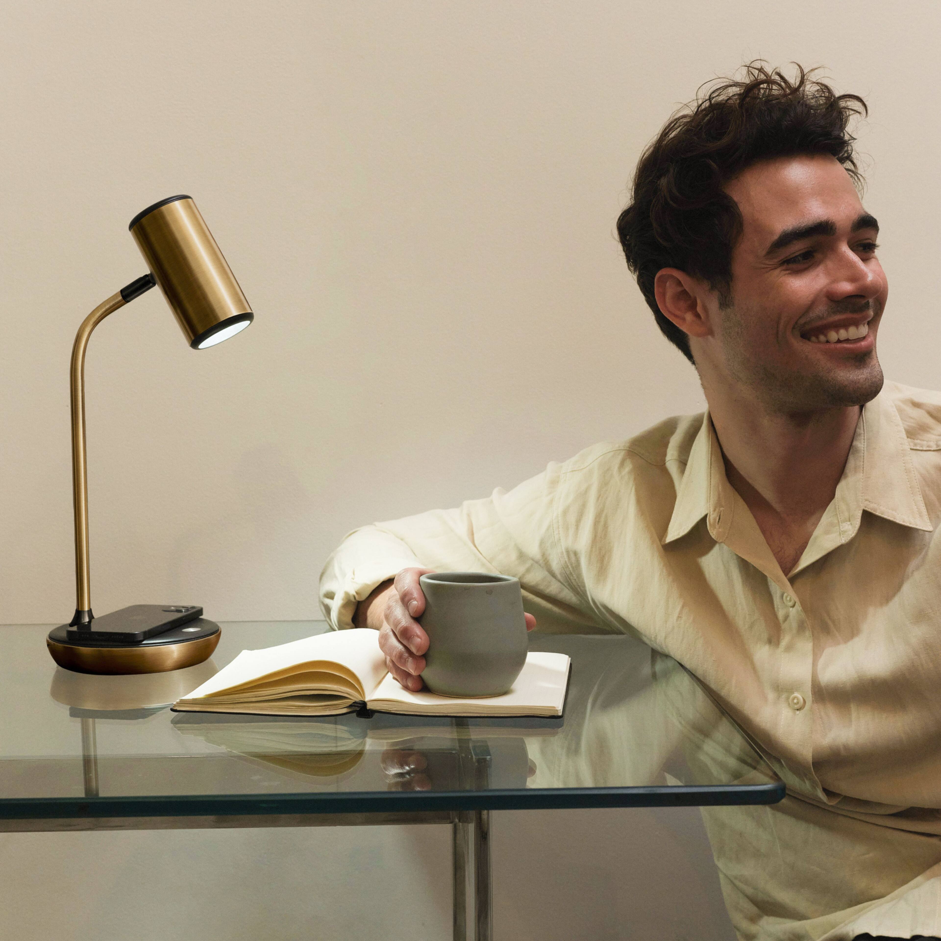 Alt View 4. Brightech - Ezra LED Modern Industrial Arc Dimmable Bedside Nightstand Desk Lamp with Wireless Charging Pad - Antiqued Brass.