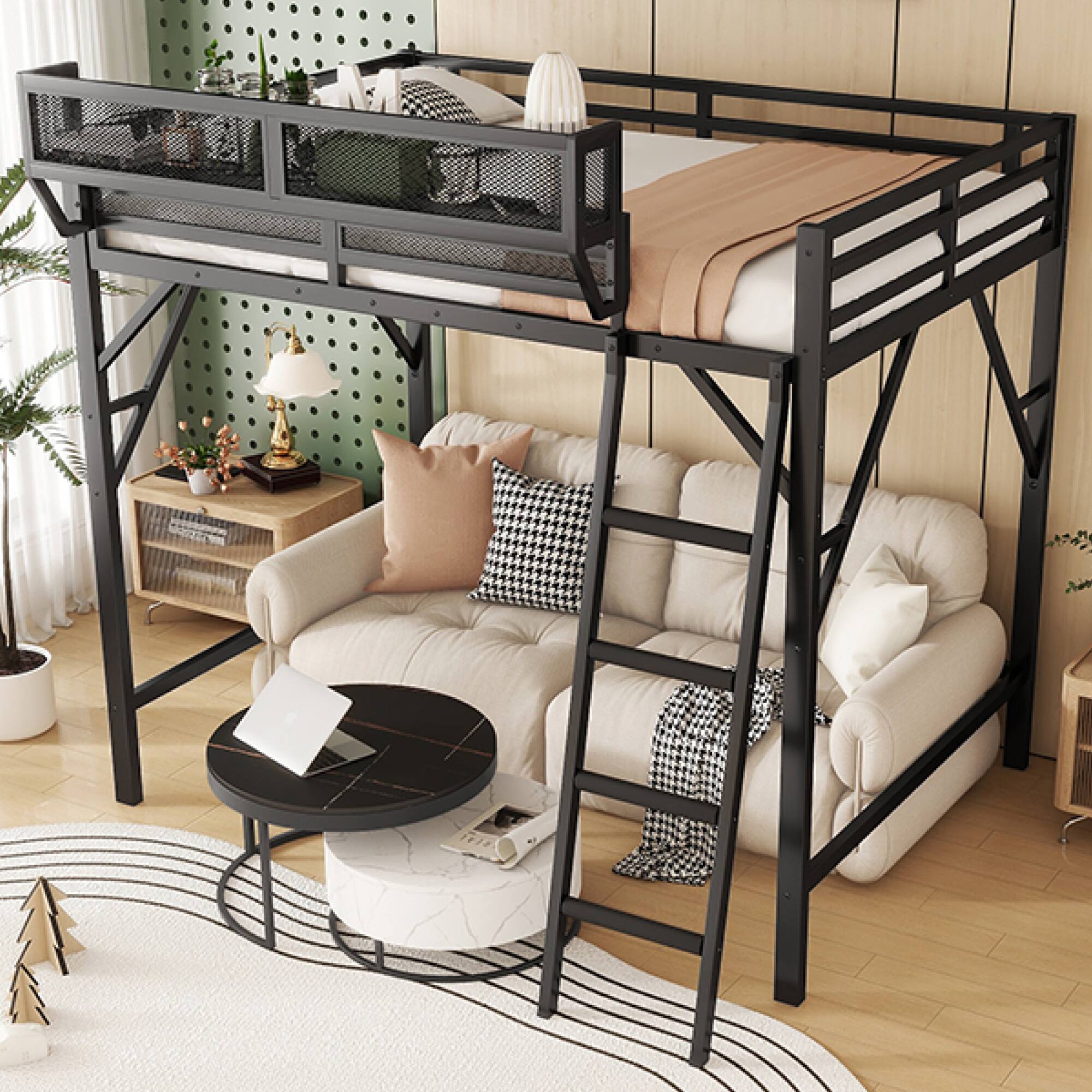 Alt View 2. GOODSILO - Queen Size Metal Loft Bed with Storage Shelves and Ladder for Kids and Teens - Black.