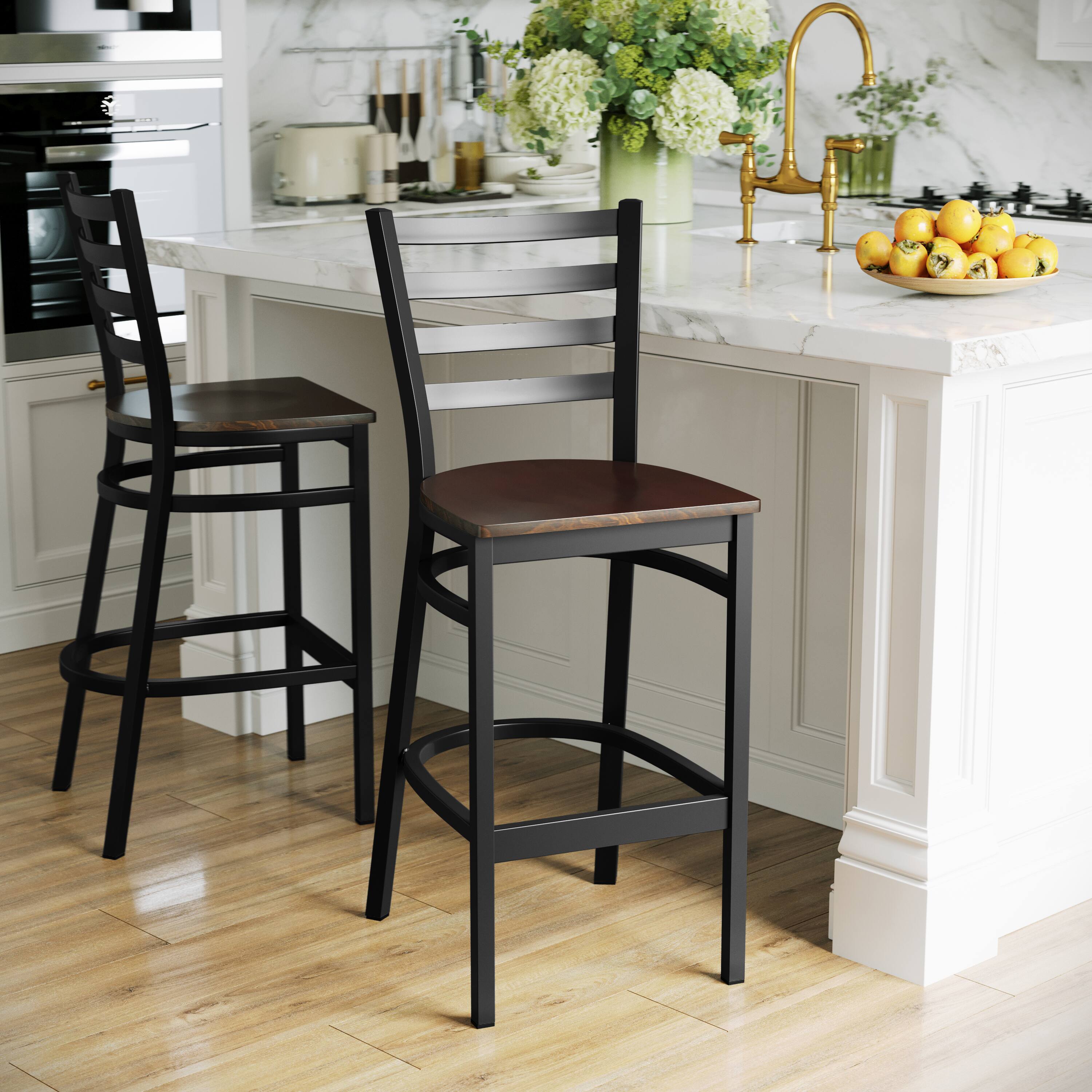 Alt View 2. Flash Furniture - HERCULES Series Black Ladder Back Metal Restaurant Barstool - Mahogany Wood Seat - Brown.