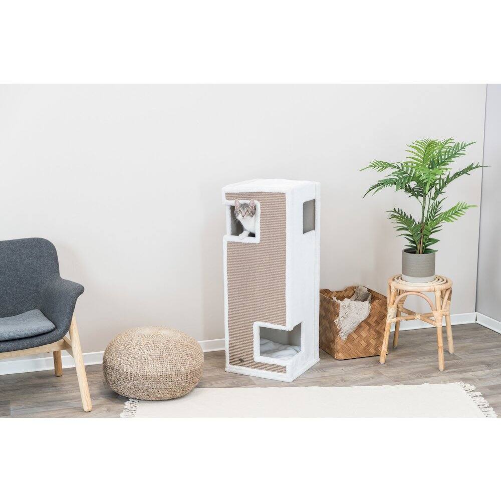 Left. TRIXIE - Gerardo Plush & Sisal 3-Story 39.4" Cat Condo Tower with Removable Cushions - Brown/White.