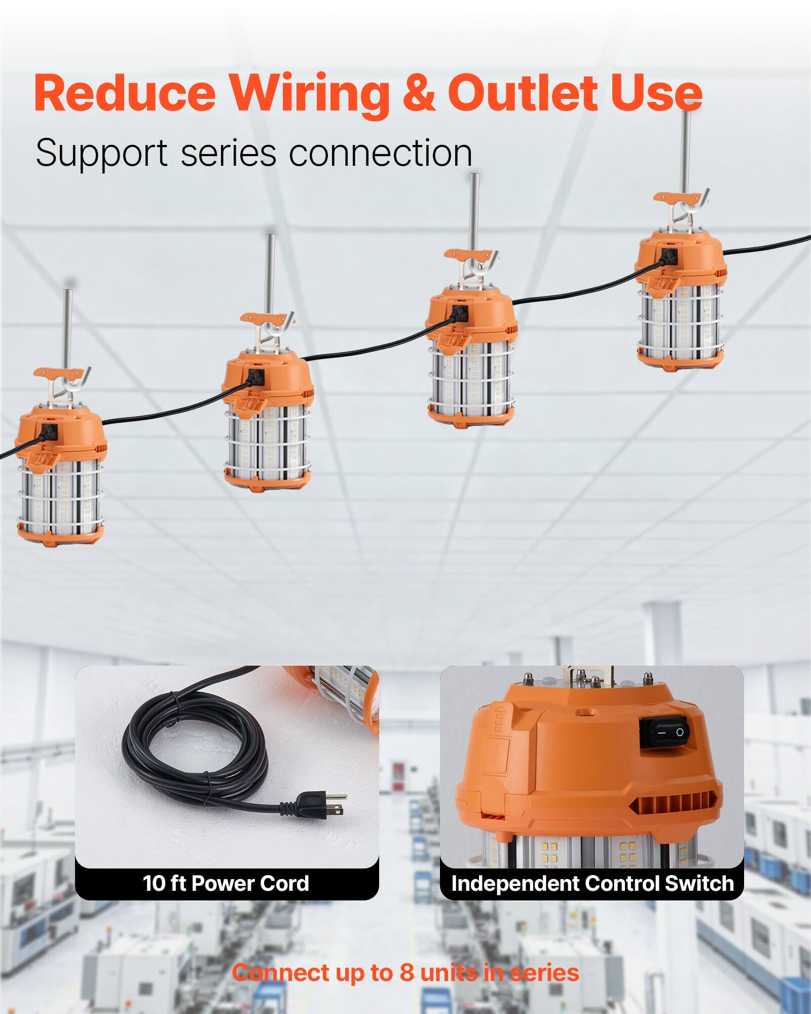 Reduce Wiring & Outlet Use  
Support series connection  

10 ft Power Cord  
Independent Control Switch  

Connect up to 8 units in series