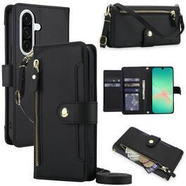 Dteck - Zipper Wallet Case for Samsung Galaxy A17 5G,Detachable Crossbody Flip Faux Leather Card Slots Kickstand Cover+Lanyard - Black