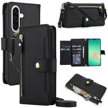 Front. Dteck - Zipper Wallet Case for Samsung Galaxy A17 5G with Lanyard PU Leather Magnetic Closure Flip Credit Card Holder Cover - Black.