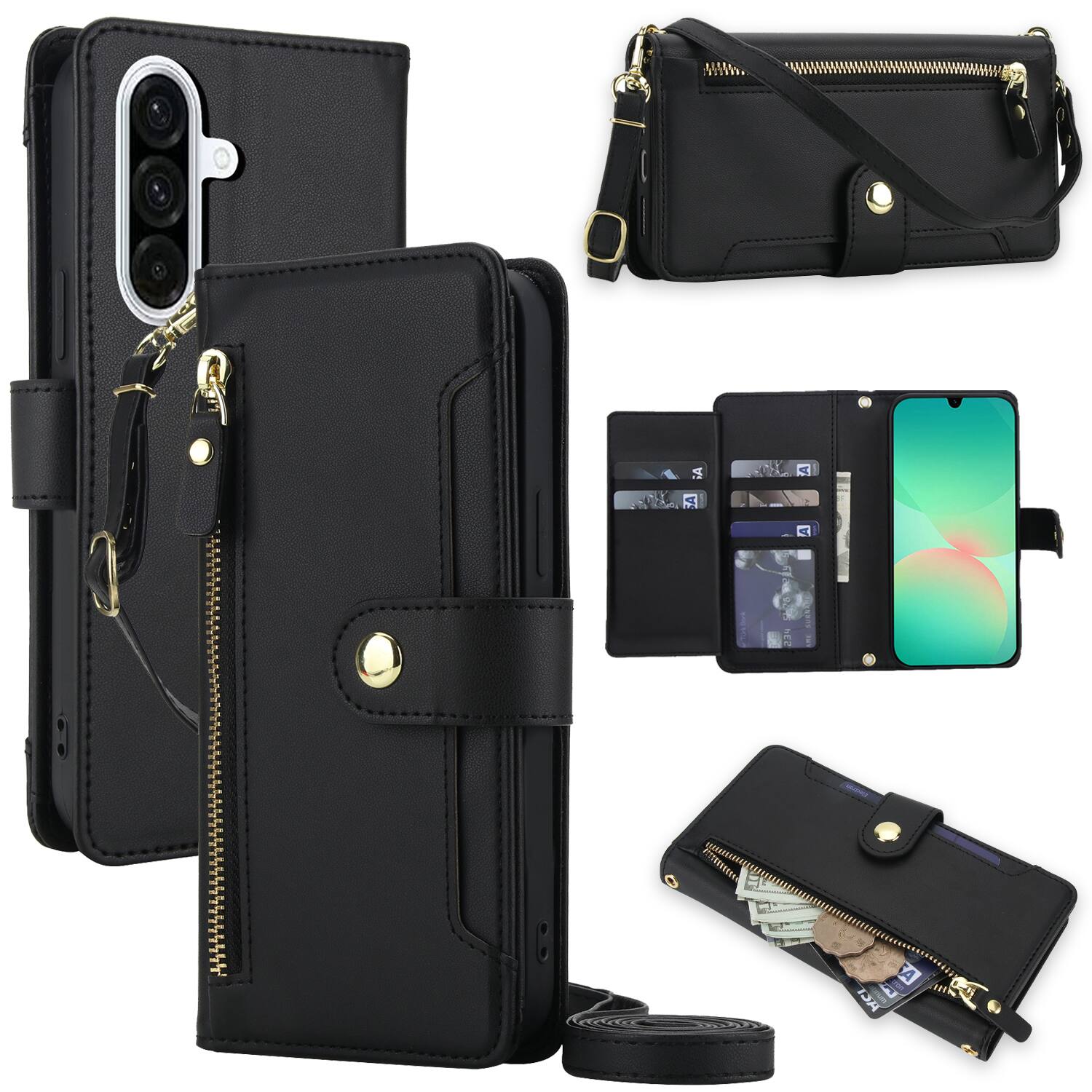 Front. Dteck - Zipper Wallet Case for Samsung Galaxy A17 5G with Lanyard PU Leather Magnetic Closure Flip Credit Card Holder Cover - Black.