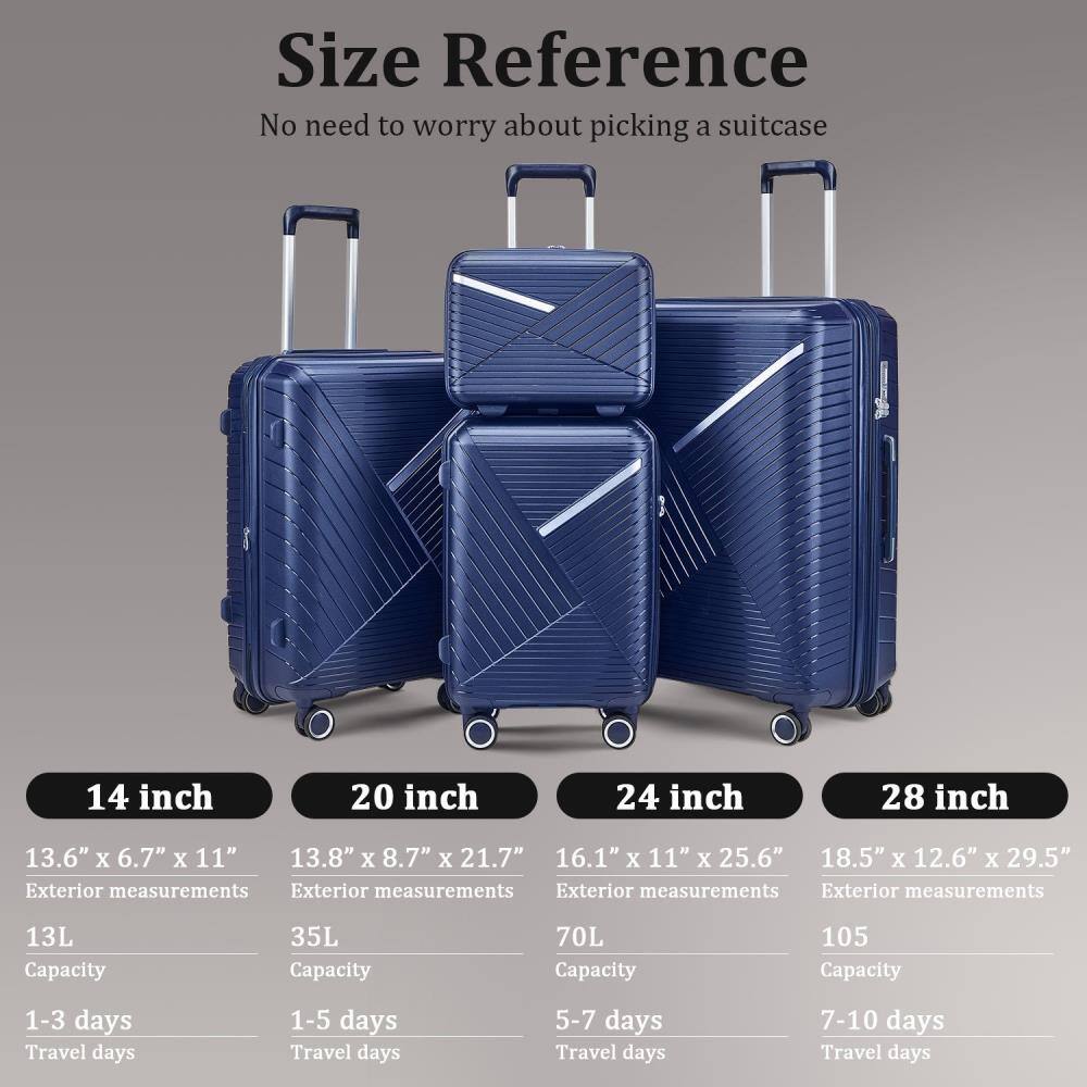 **Size Reference**  
No need to worry about picking a suitcase

- **14 inch**  
  - Exterior measurements: 13.6" x 6.7" x 11"  
  - Capacity: 13L  
  - Travel days: 1-3 days

- **20 inch**  
  - Exterior measurements: 13.8" x 8.7" x 21.7"  
  - Capacity: 35L  
  - Travel days: 1-5 days

- **24 inch**  
  - Exterior measurements: 16.1" x 11" x 25.6"  
  - Capacity: 70L  
  - Travel days: 5-7 days

- **28 inch**  
  - Exterior measurements: 18.5" x 12.6" x 29.5"  
  - Capacity: 105L  
  - Travel days: 7-10 days
