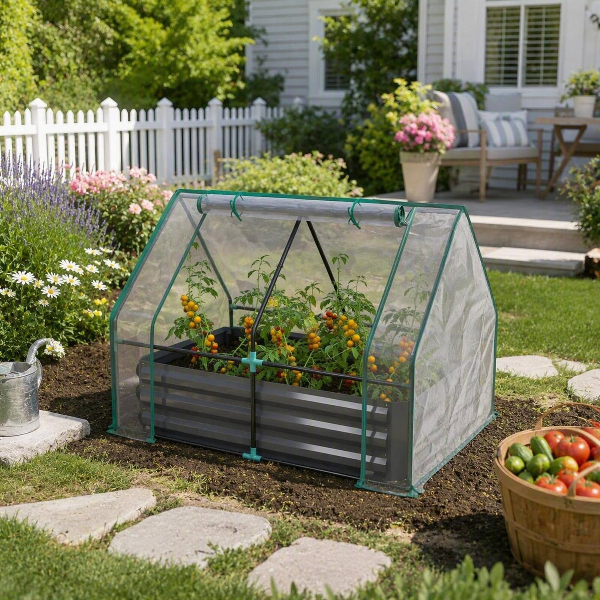 Alt View 1. RYHNUYNE - 2-in-1 Raised Garden Bed with Greenhouse Cover Galvanized Steel Planter Box with Clear PE Shield for Outdoor Patio - Clear,Dark Gray.