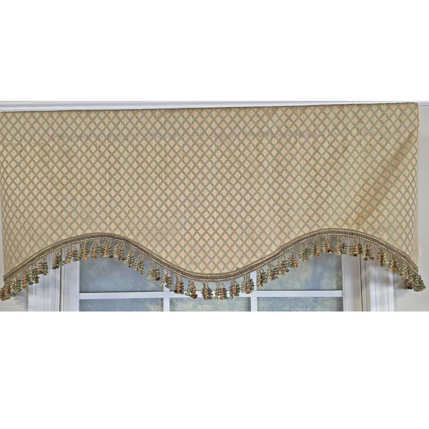 Left. RLF Home - RLF Home 100% Cotton Diamonds Cornice  Fully lined Windows Rod Pocket Valance 50" x 17"  Green - Green.