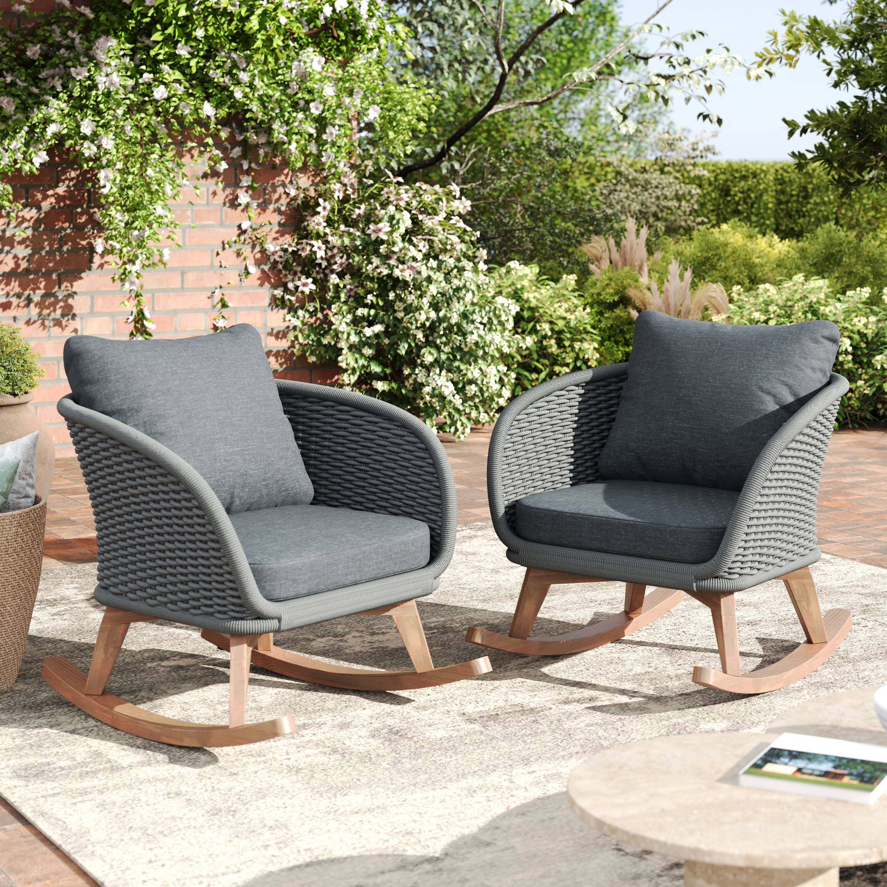 Front. Tiramisubest - [Set of 2] Minimalist Wicker Rocking Chair with Cushions and Wooden Frame for Indoor and Outdoor Spaces,Gray - Gray,Natural.