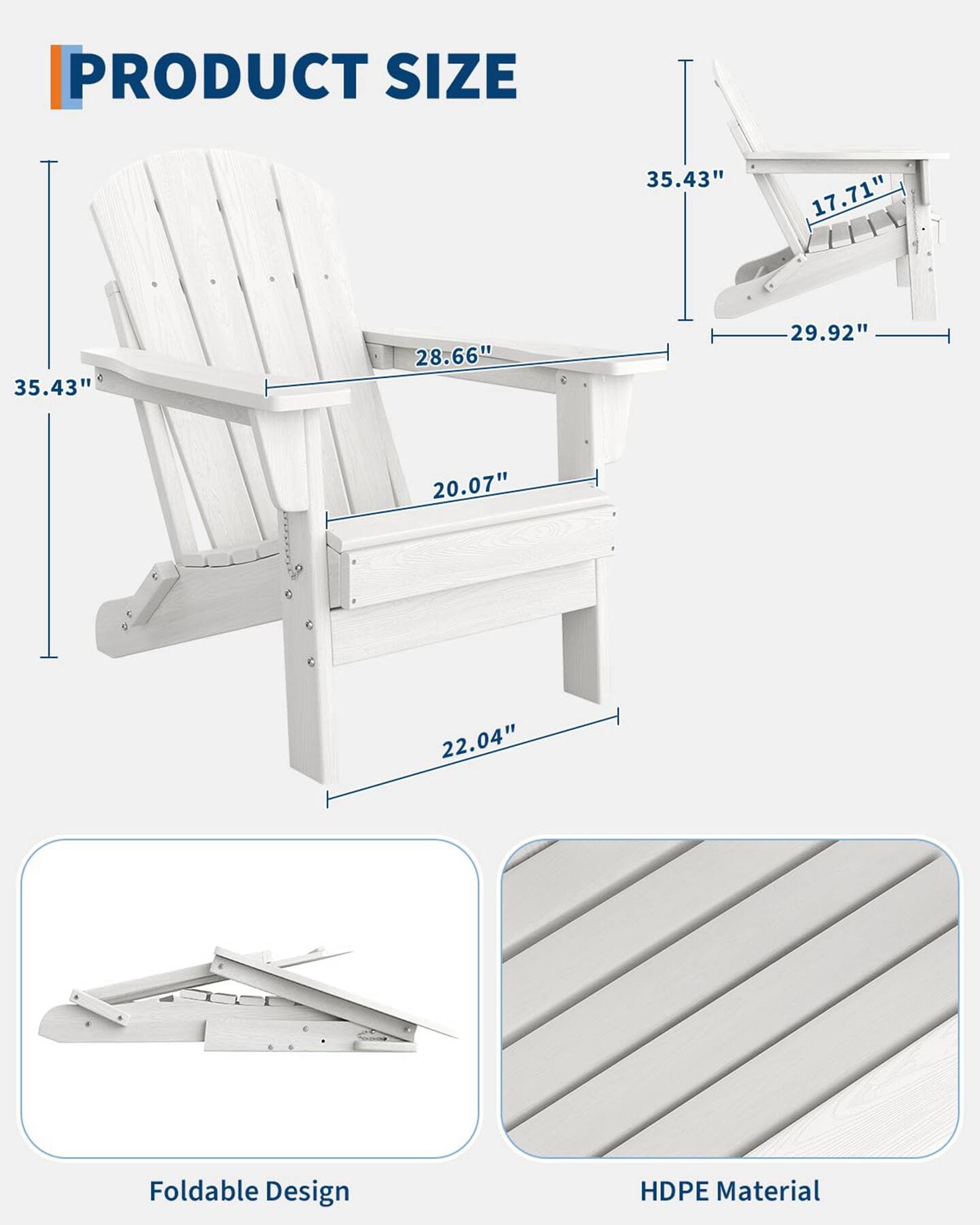 PRODUCT SIZE

- 35.43"
- 28.66"
- 20.07"
- 22.04"
- 35.43"
- 17.71"
- 29.92"

Foldable Design

HDPE Material