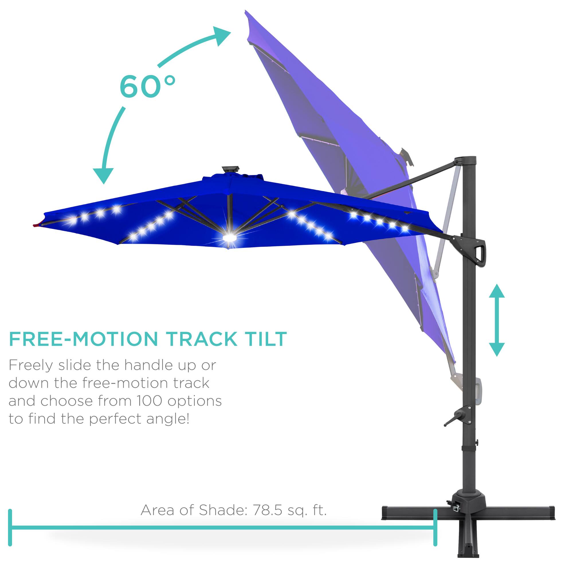 FREE-MOTION TRACK TILT  
Freely slide the handle up or down the free-motion track and choose from 100 options to find the perfect angle!  

Area of Shade: 78.5 sq. ft.