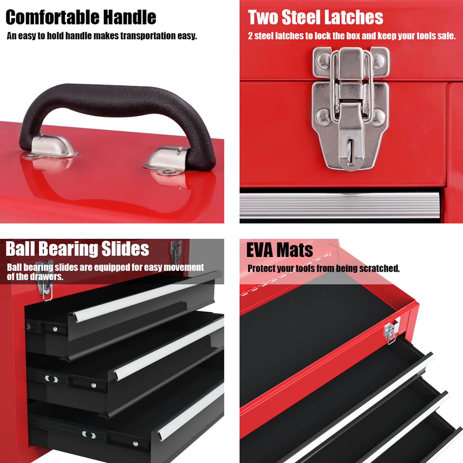 Comfortable Handle  
An easy to hold handle makes transportation easy.

Two Steel Latches  
2 steel latches to lock the box and keep your tools safe.

Ball Bearing Slides  
Ball bearing slides are equipped for easy movement of the drawers.

EVA Mats  
Protect your tools from being scratched.