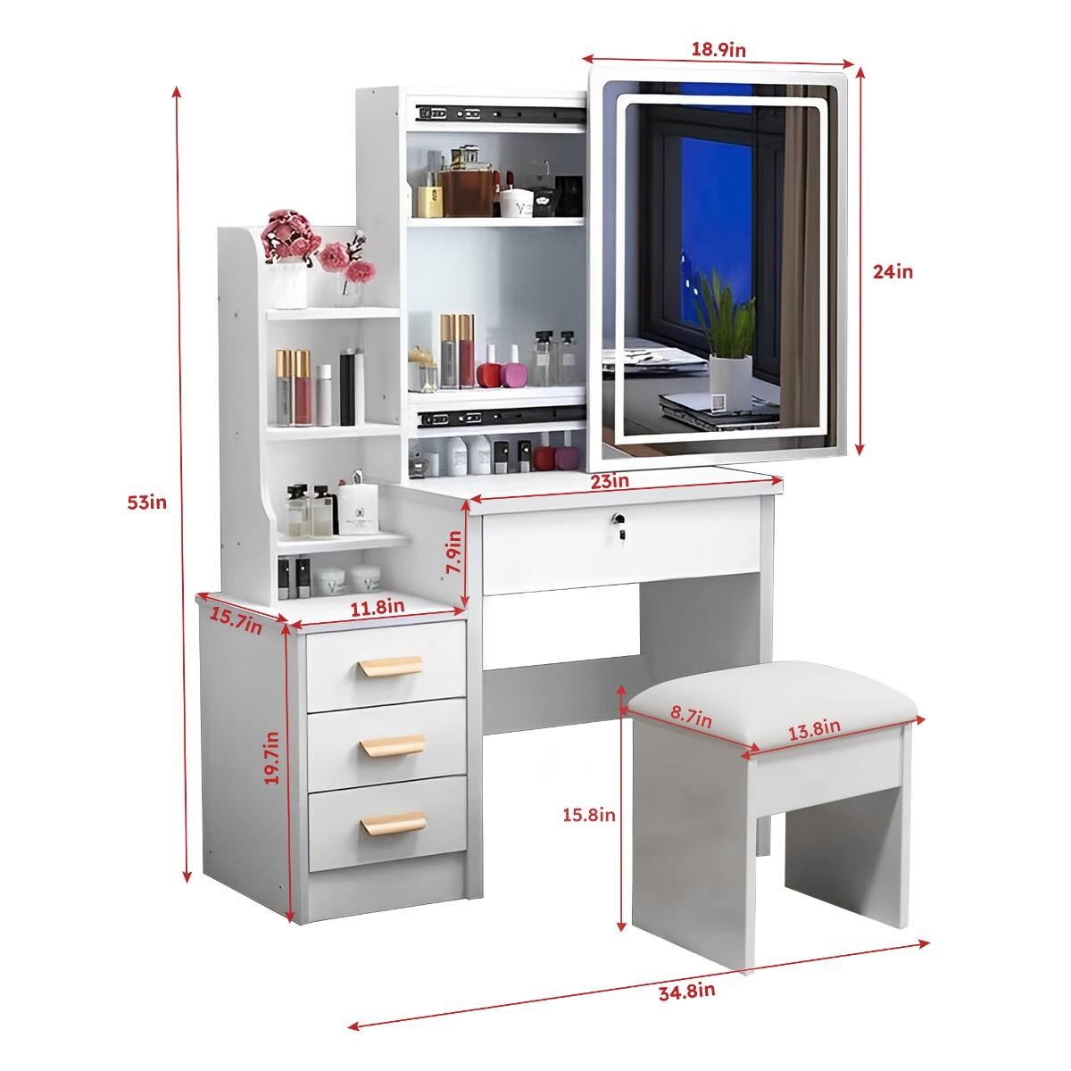 18.9in  
24in  
53in  
15.7in  
11.8in  
7.9in  
23in  
19.7in  
15.8in  
8.7in  
13.8in  
34.8in