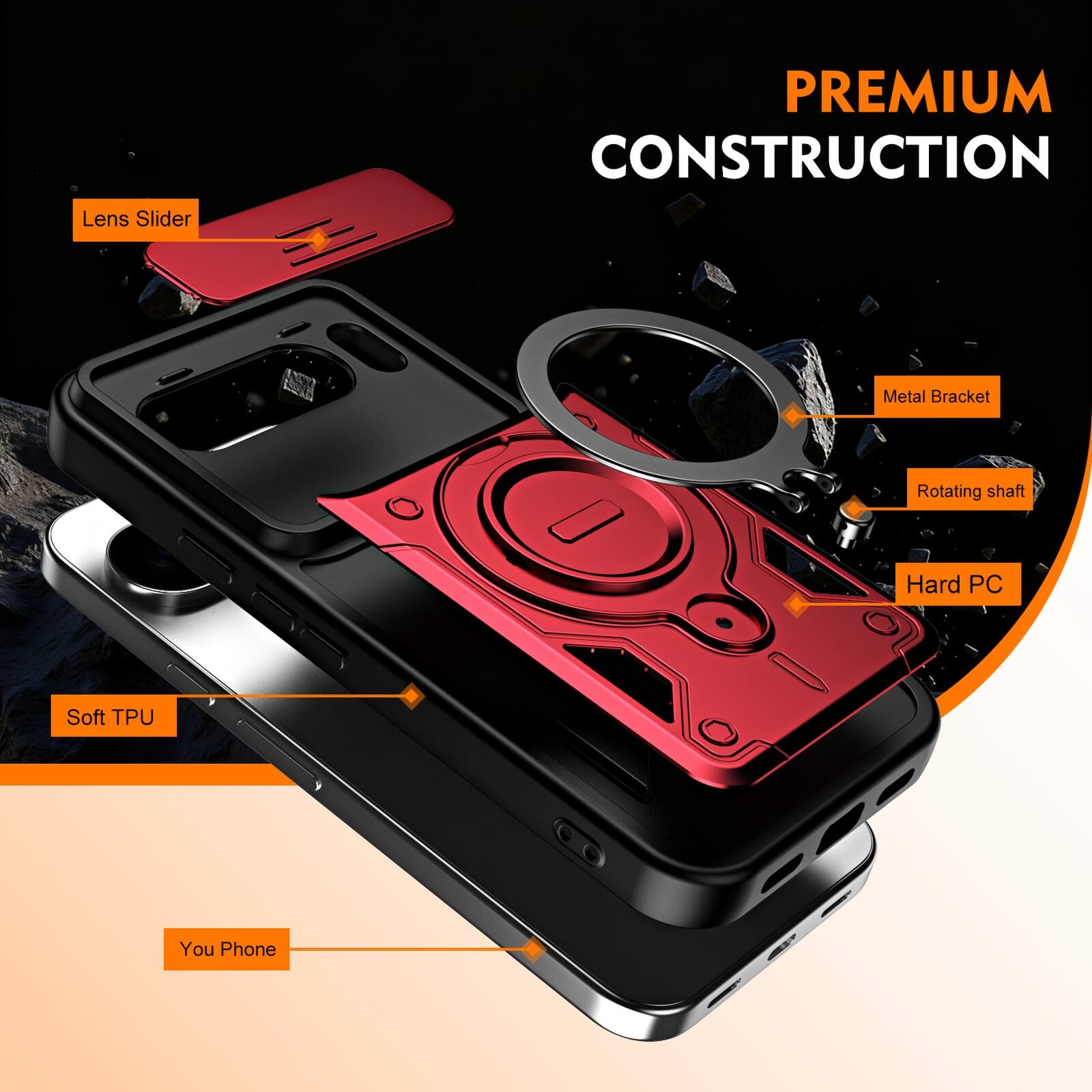 Lens Slider  
PREMIUM CONSTRUCTION  
LM  
Metal Bracket  
Rotating shaft  
Hard PC  
Soft TPU  
You Phone