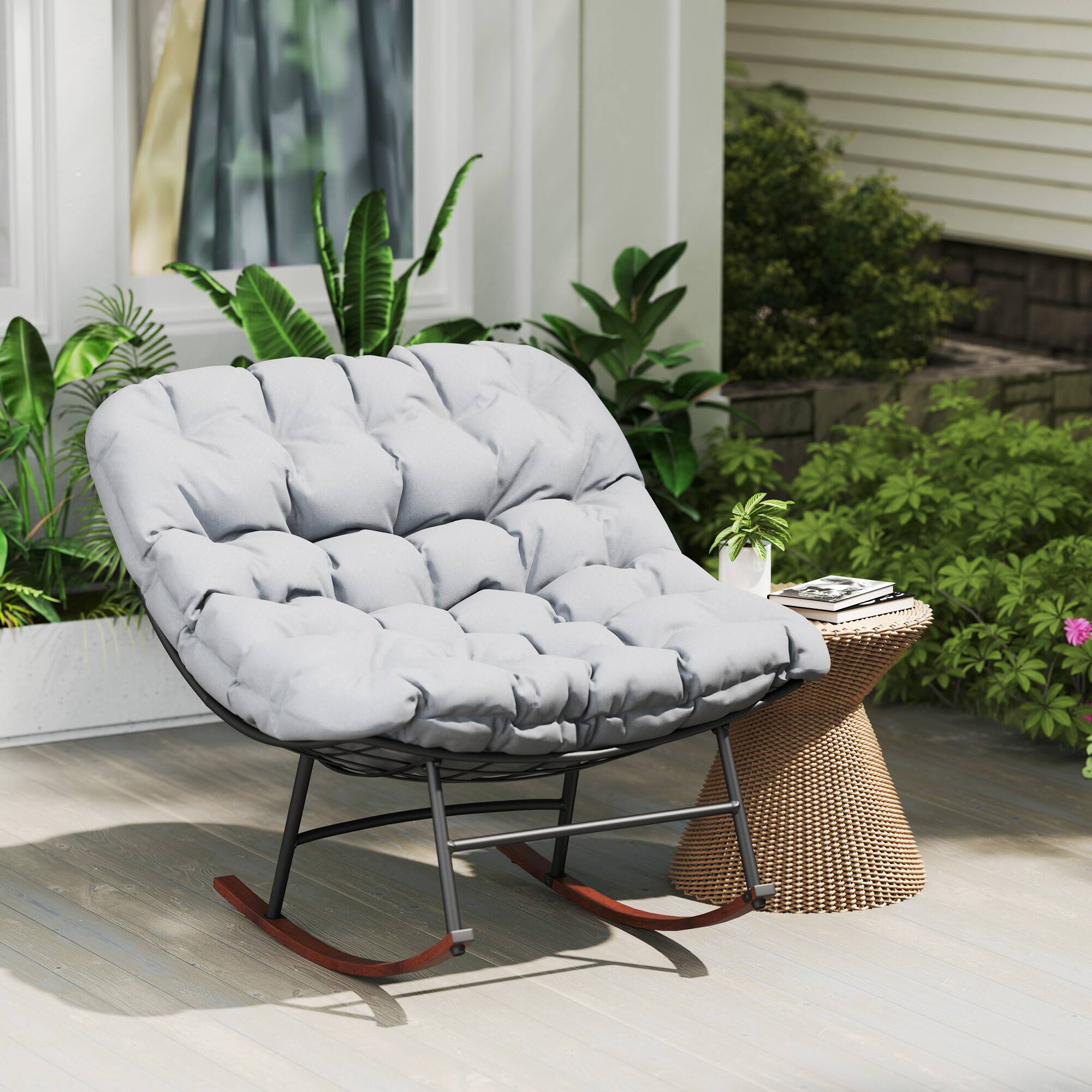 Alt View 4. Outsunny - Outdoor Rocking Chair Set of 2, Oversized Rocking Papasan Chairs with Cushions, Steel Frame, Comfy Rockers - Gray.