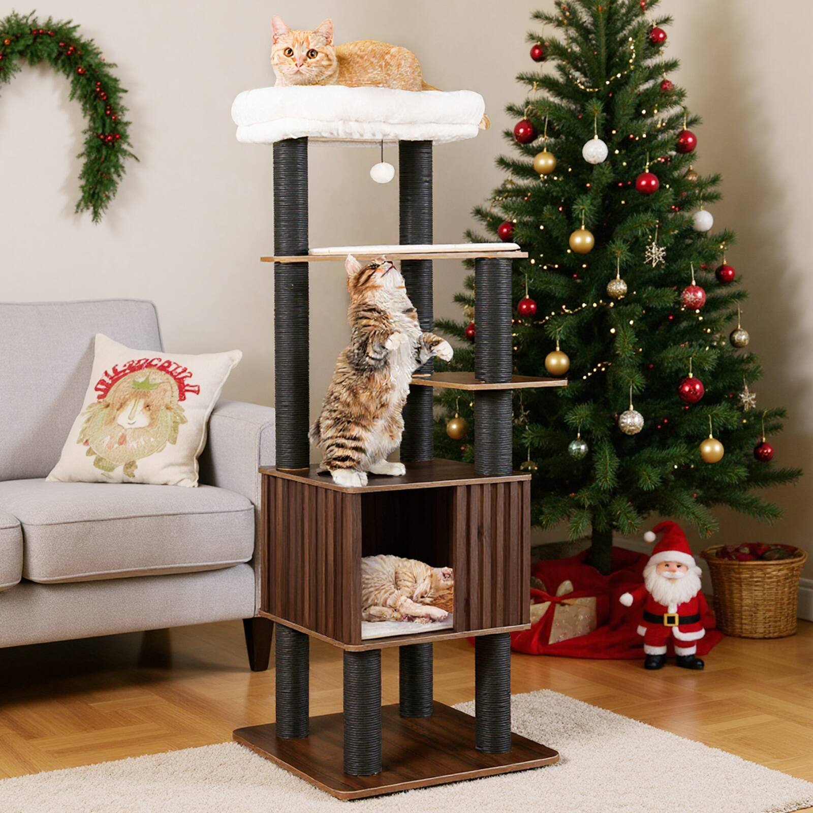 Alt View 1. Gymax - Gymax 64'' Tall Cat Tree for Indoor Cat Wooden Cat Tower Top Perch w/ Soft Padding Large Fence Style Cat Condo.