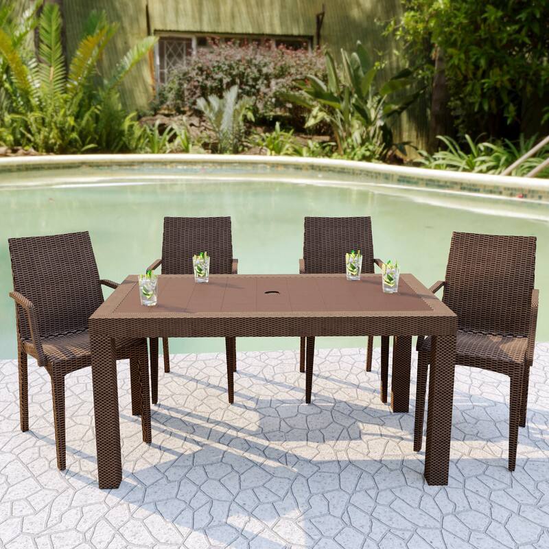 Left. LeisureMod - Mace Weave Design 55Inch Outdoor Dining Table, Weather-Resistant Patio Accent Table, Modern Backyard Furniture - Brown.