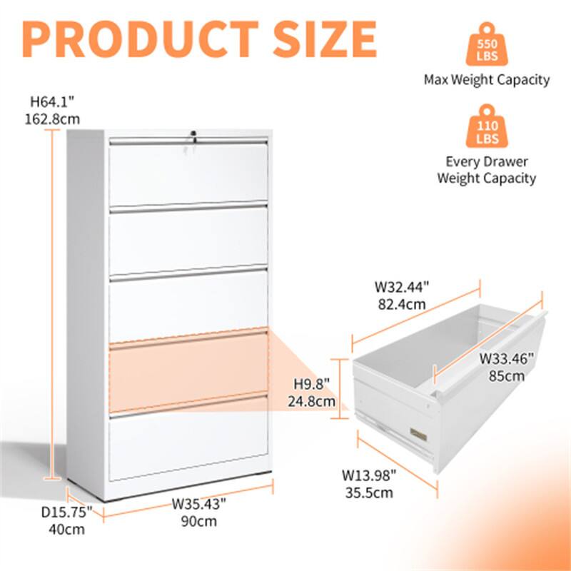 PRODUCT SIZE  
H64.1" 162.8cm  
W32.44" 82.4cm  
D15.75" 40cm  
H9.8" 24.8cm  
W33.46" 85cm  
W13.98" 35.5cm  

Max Weight Capacity: 550 LBS  
Every Drawer Weight Capacity: 110 LBS