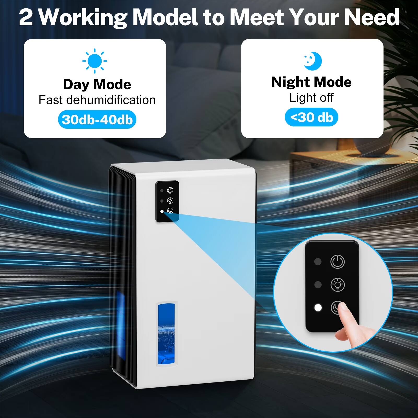 2 Working Model to Meet Your Need

Day Mode
Fast dehumidification
30db-40db

Night Mode
Light off
<30 db