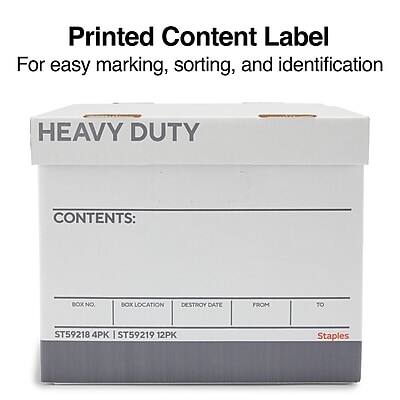 Printed Content Label  
For easy marking, sorting, and identification  

HEAVY DUTY  

CONTENTS:  

BOX NO. | BOX LOCATION | DESTROY DATE | FROM | TO  
ST59218 4PK | ST59219 12PK  

Staples