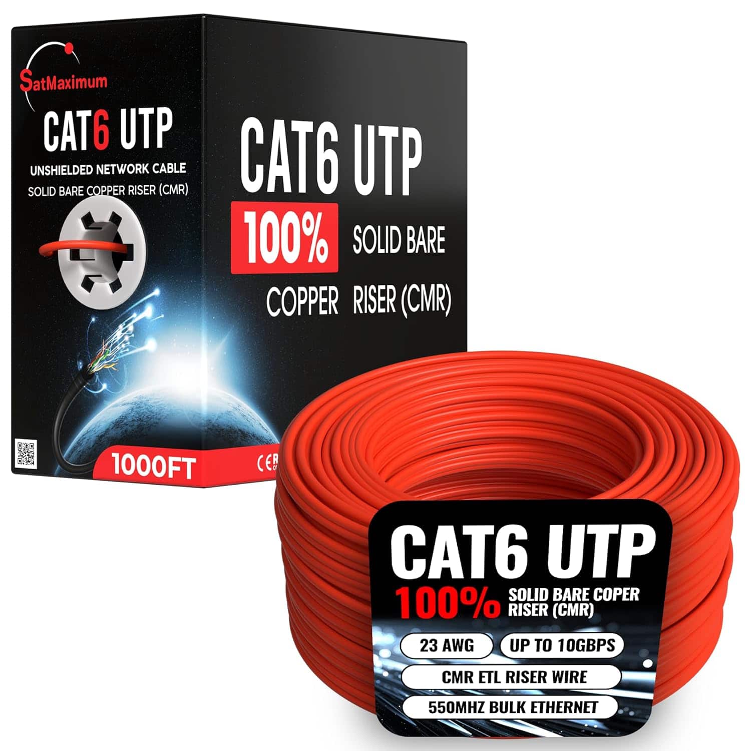 Cables Direct Online - Cat6 23AWG 500FT Solid Bare Copper CMR ETL Riser Rated Cable, 550MHz Bulk Ethernet Wire with PoE Support - Red