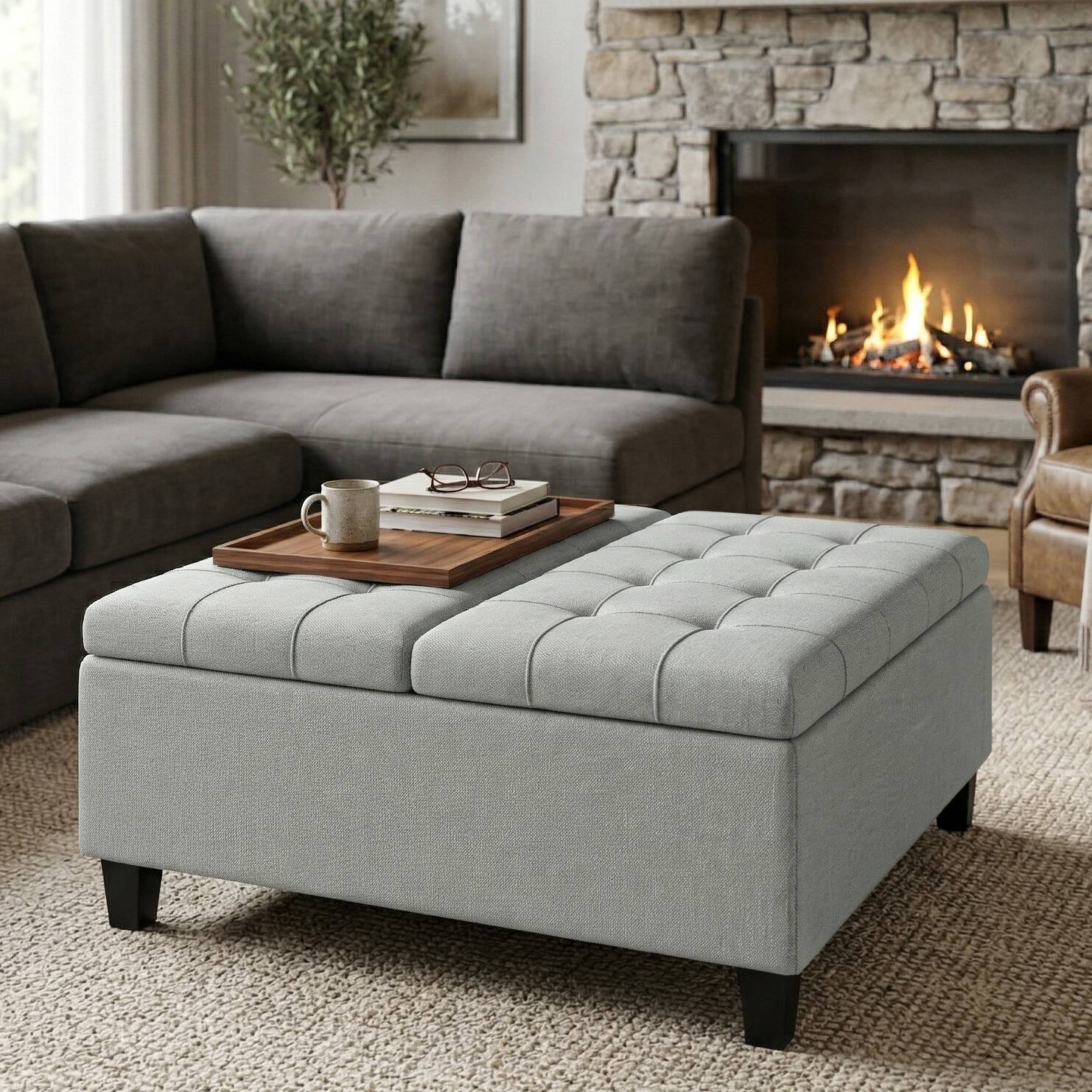 Angle. Simpli Home - Harrison Coffee Table Storage Ottoman - Light Stone Grey.