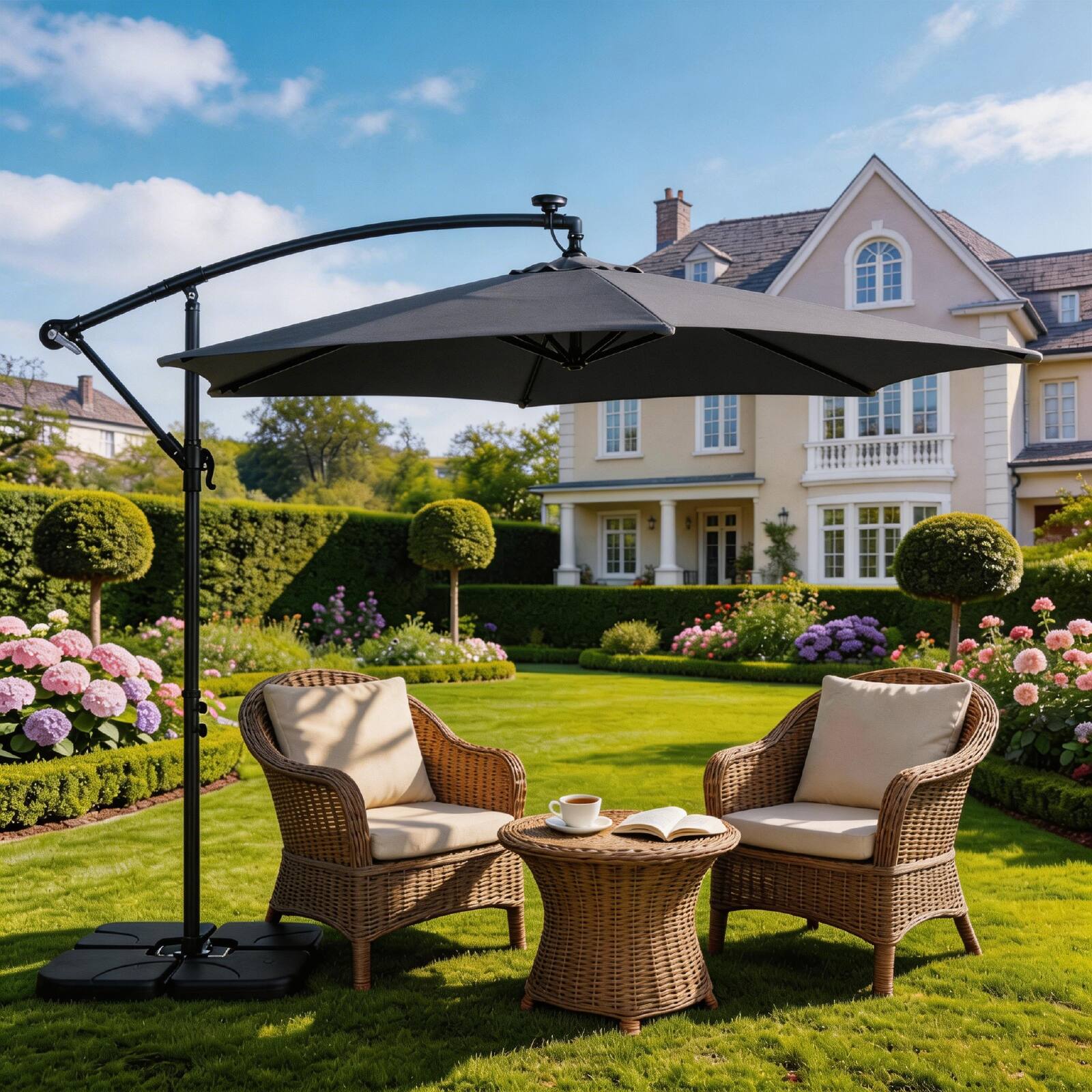 Angle. Winado - 10 ft Cantilever Patio Umbrella, Offset Cantilever Outdoor Umbrella with Solar Lights, Easy Crank & Tilt.