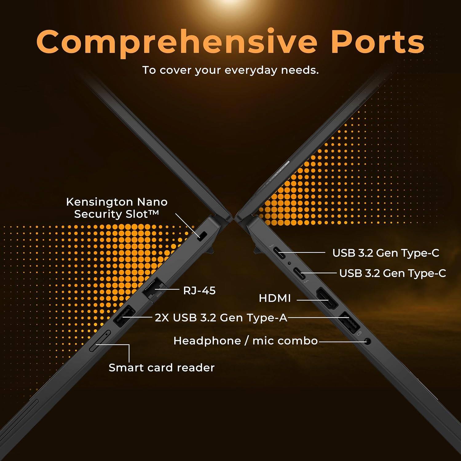 Comprehensive Ports To cover your everyday needs. Kensington Nano Security SlotTM RJ-45 HDMI USB 3.2 Gen Type-C USB 3.2 Gen Type-C 2X USB 3.2 Gen Type-A Headphone / mic combo Smart card reader