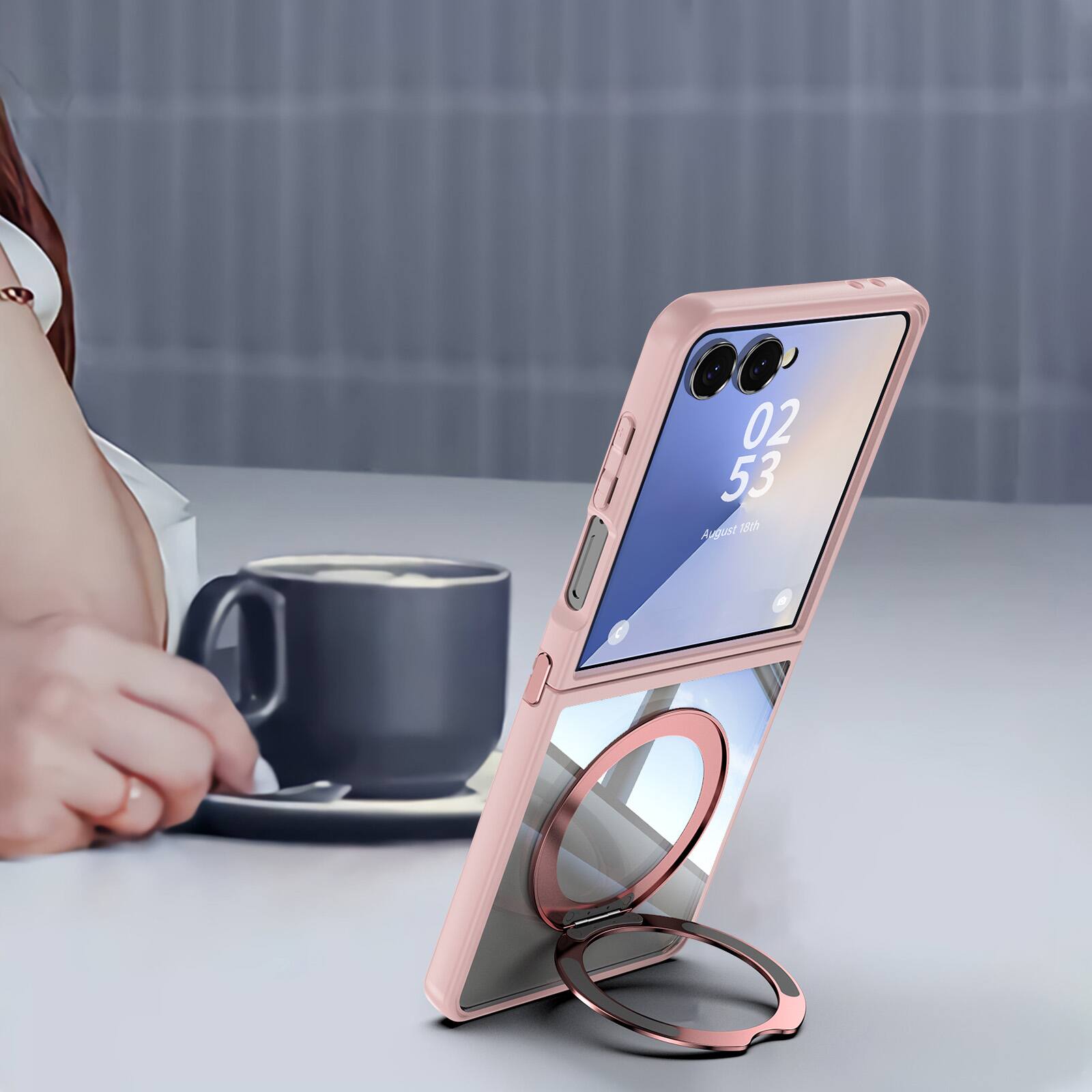 Angle. Dteck - Magnetic Clear Case For Samsung Galaxy Z Flip 7, Shockproof Anti-Scratch 360° Ring Holder Stand PC+TPU Protection Cover - Pink.