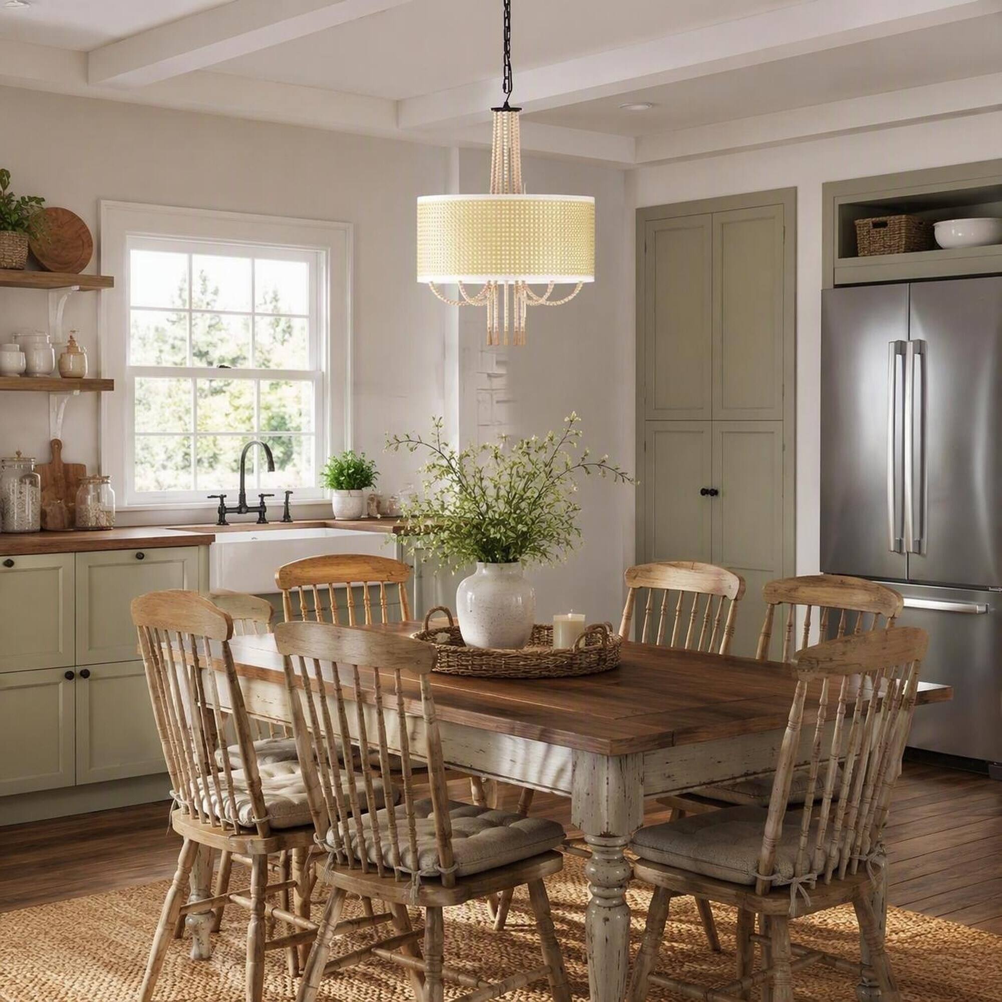 Angle. RYHNUYNE - 19 In Boho Rattan 5-Light Chandelier, E12 Bamboo Wood Bead Tassel Coastal Farmhouse Pendant Fixture - Wood.