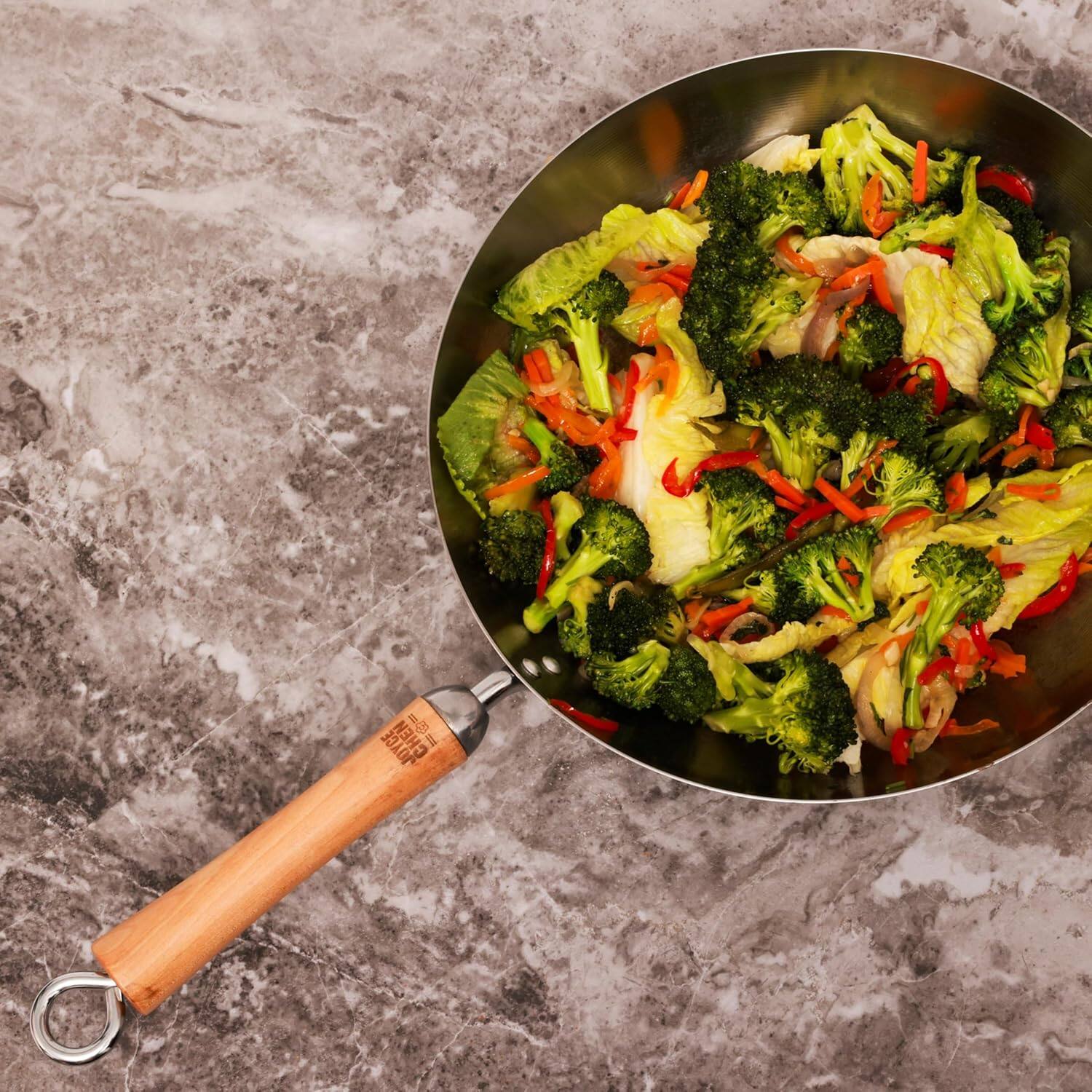 Alt View 4. Escali - Joyce Chen Classic Series 12-Inch Uncoated Carbon Steel Stir Fry Pan with Birch Handle - Silver.